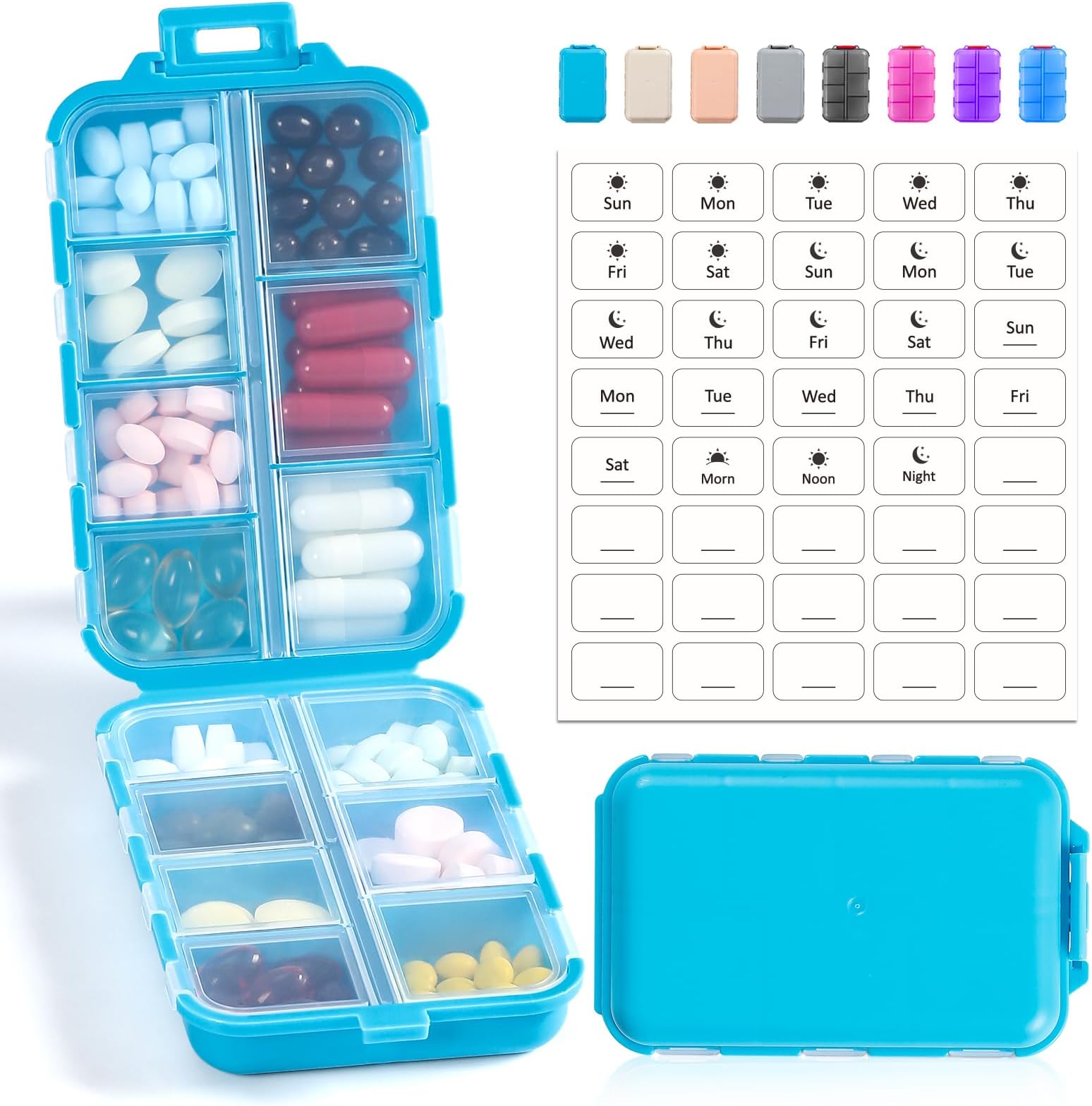 14 GRIDS Travel Pill Organizer Box with Labels Travel