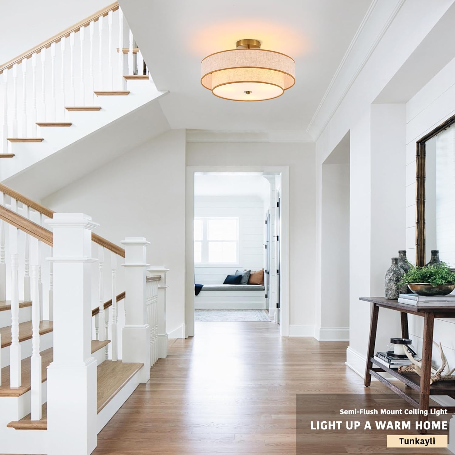3-Light Drum Semi Flush Mount Ceiling Light, 18" Modern Gold Ceiling Lighting Fixture, Vintage 2-Tier Linen Ceiling Lighting for Living Room, Bedroom, Kitchen, Dining Room, Hallway, Entryway