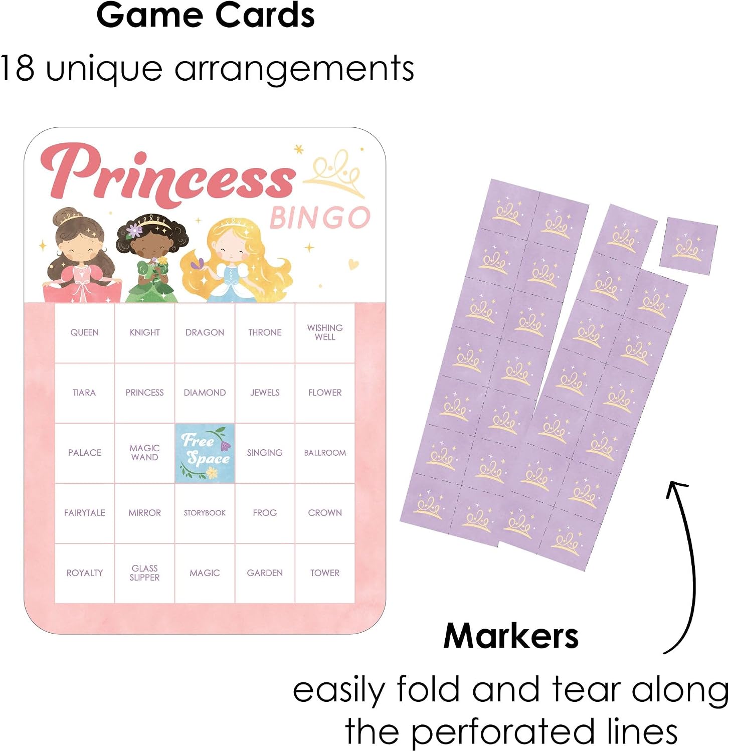 Big Dot of Happiness Princess Bingo Cards - Birthday Party Game - 18 Ct | Fun Party Activity, Interactive Game for All Ages, Girls Royal Princess Themed Bingo Cards, Markers Included, 18 Unique Cards