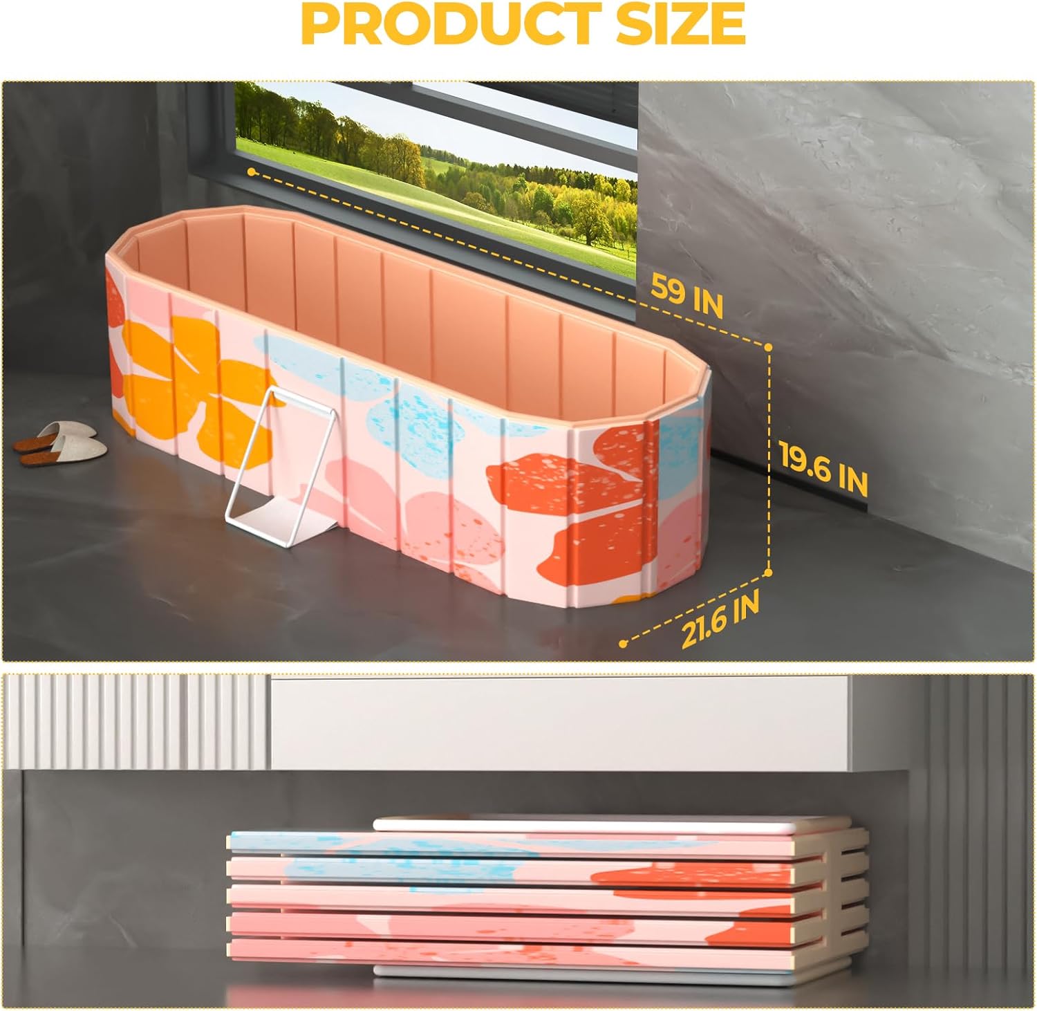 Portable Bathtub for Adults 59" Large Foldable No-Installation Soaking Tub for Shower Stall, Collapsible Standing Plunge Bath with Lid, 5-Layer Insulated Liner, Fast Drain (Pink, 59"×21.6"×19.6")