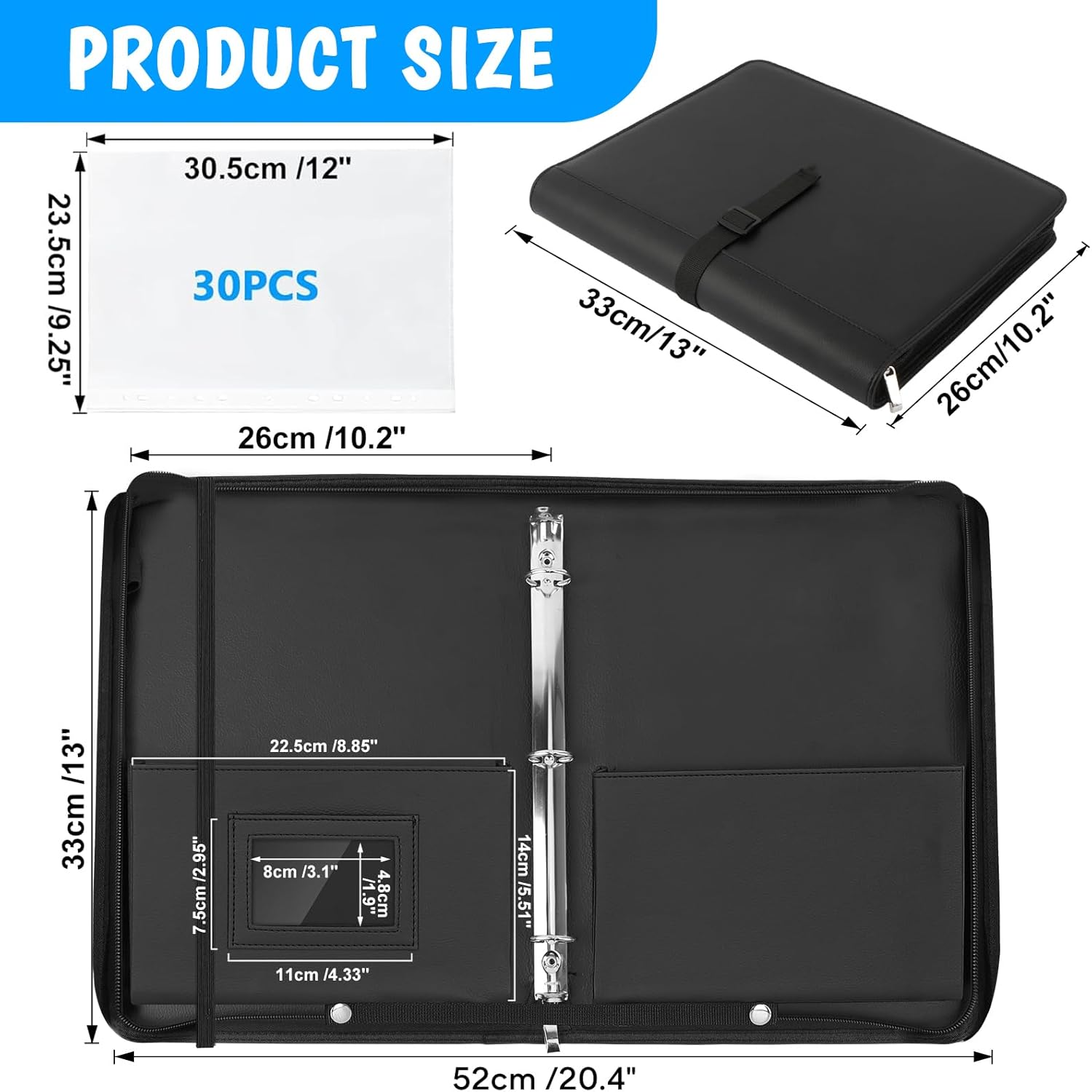 Sheet Music Folder, 13"x10.2" Choral Muisc Folder with Hand Strap, 3 Ring Music Folder with 30 Music Binder Bag Black PU Leather Choir Folders for Marching Band Piano Fits Letter Size 8.5x11 Inch