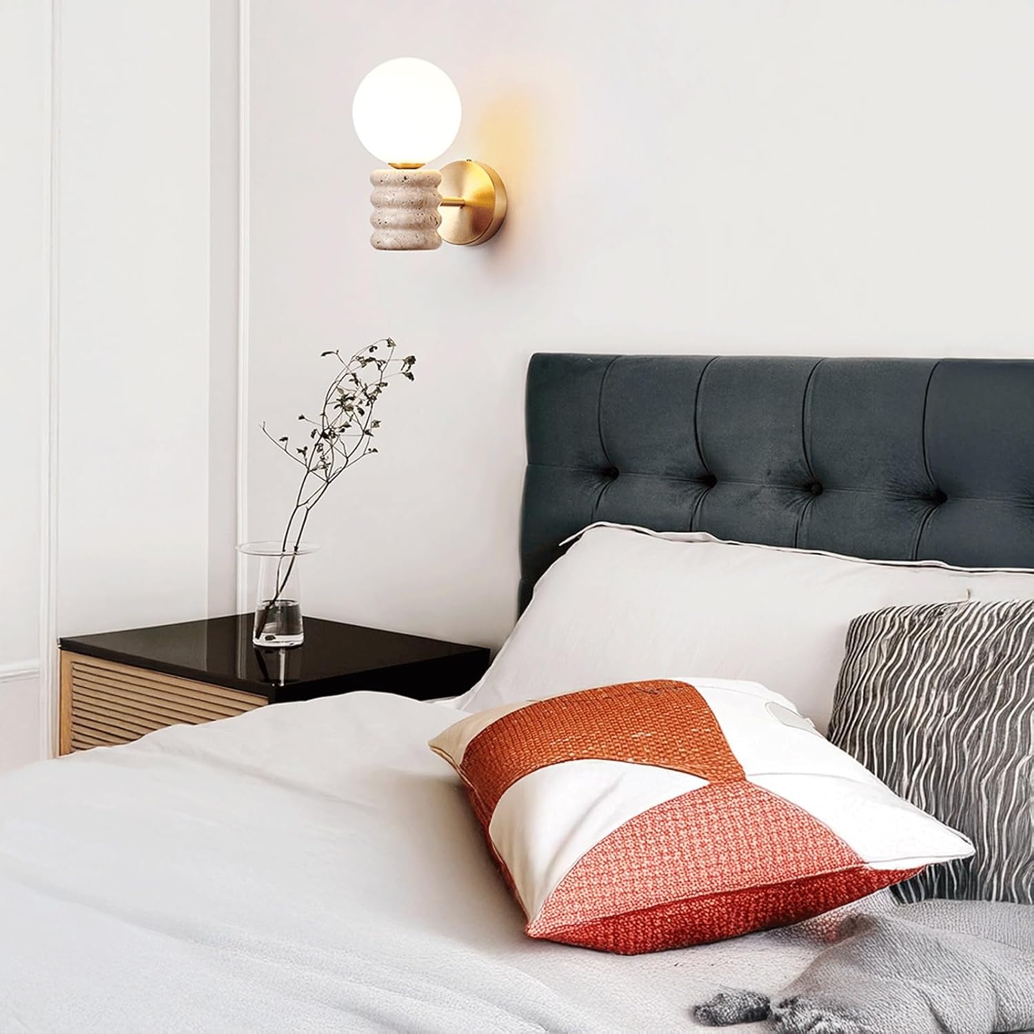 Modern Minimalist Wall Sconce Natural Stone Body with Frosted Glass Globe Shade for Bedroom Bedside Living Room Kitchen Dining Room Hallway Hotel Lobby Kitchen Café Ambient Lighting Fixture