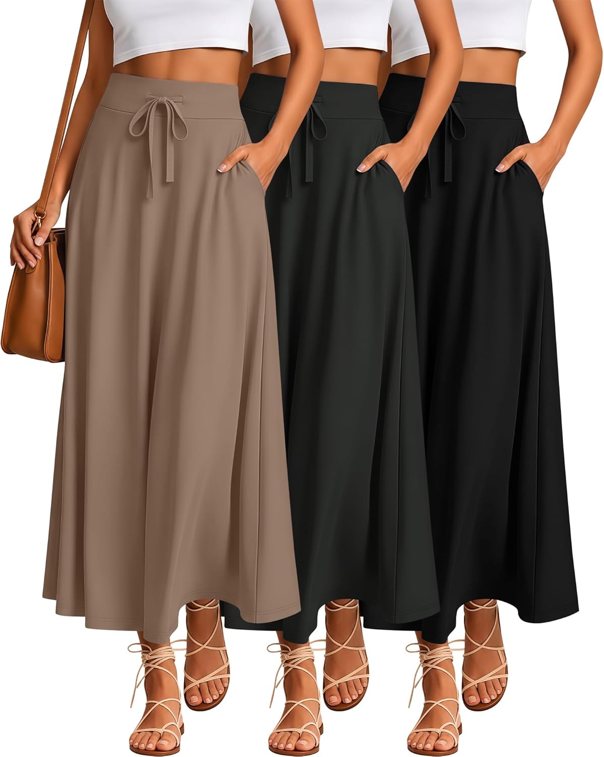 Riyiper 3 Pack Women's Maxi Skirts High Elastic Waist a Line with Pockets Ankle Length Flowing Drawstring Dress Casual Summer