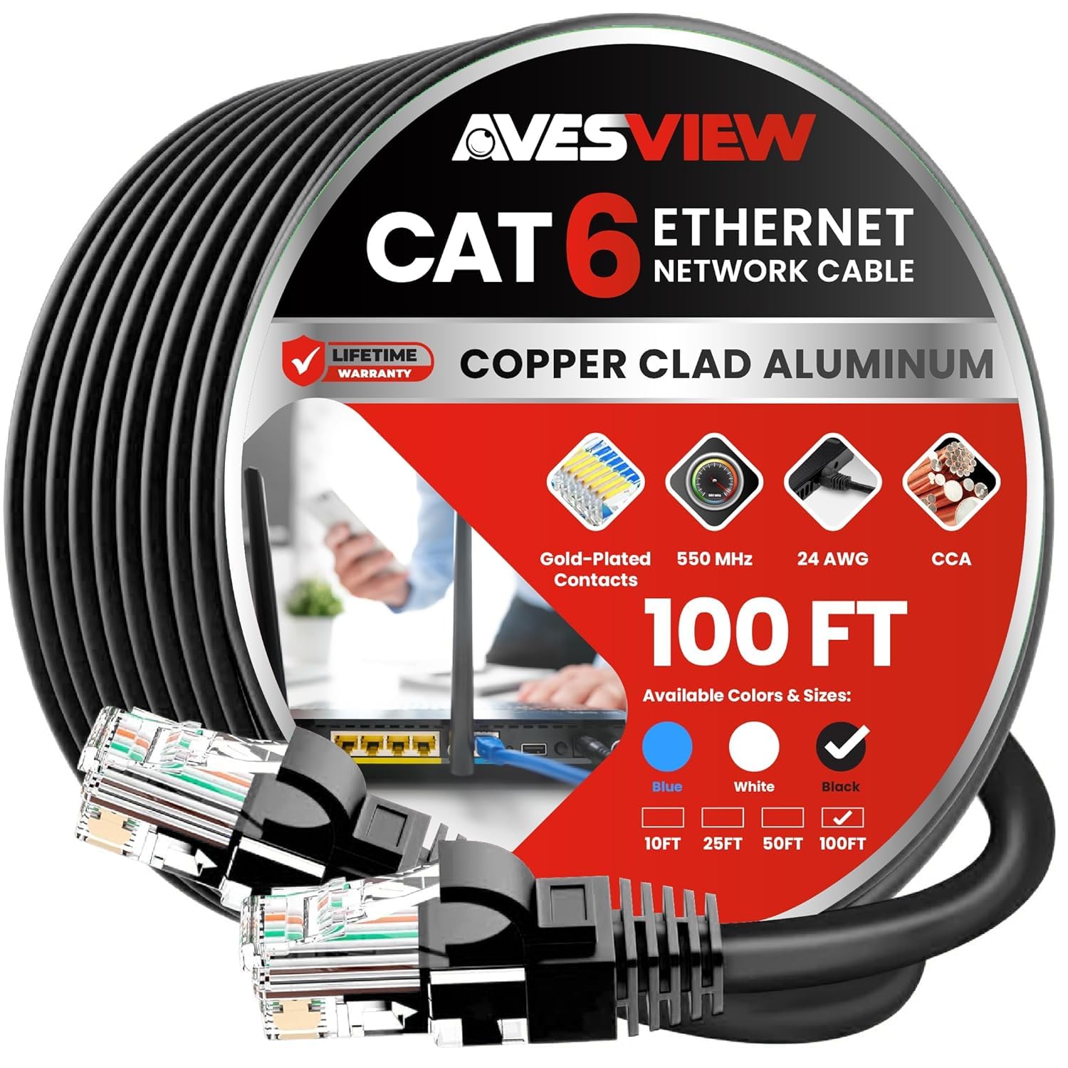 CAT 6 Ethernet Cable 100 FT, Indoor High-Speed 10Gbps Snagless Long CAT6 100ft Ethernet Cable for Internet, Router, Modem, Computer, PlayStation, Xbox, POE Camera, Printer (Black, 100 Feet)