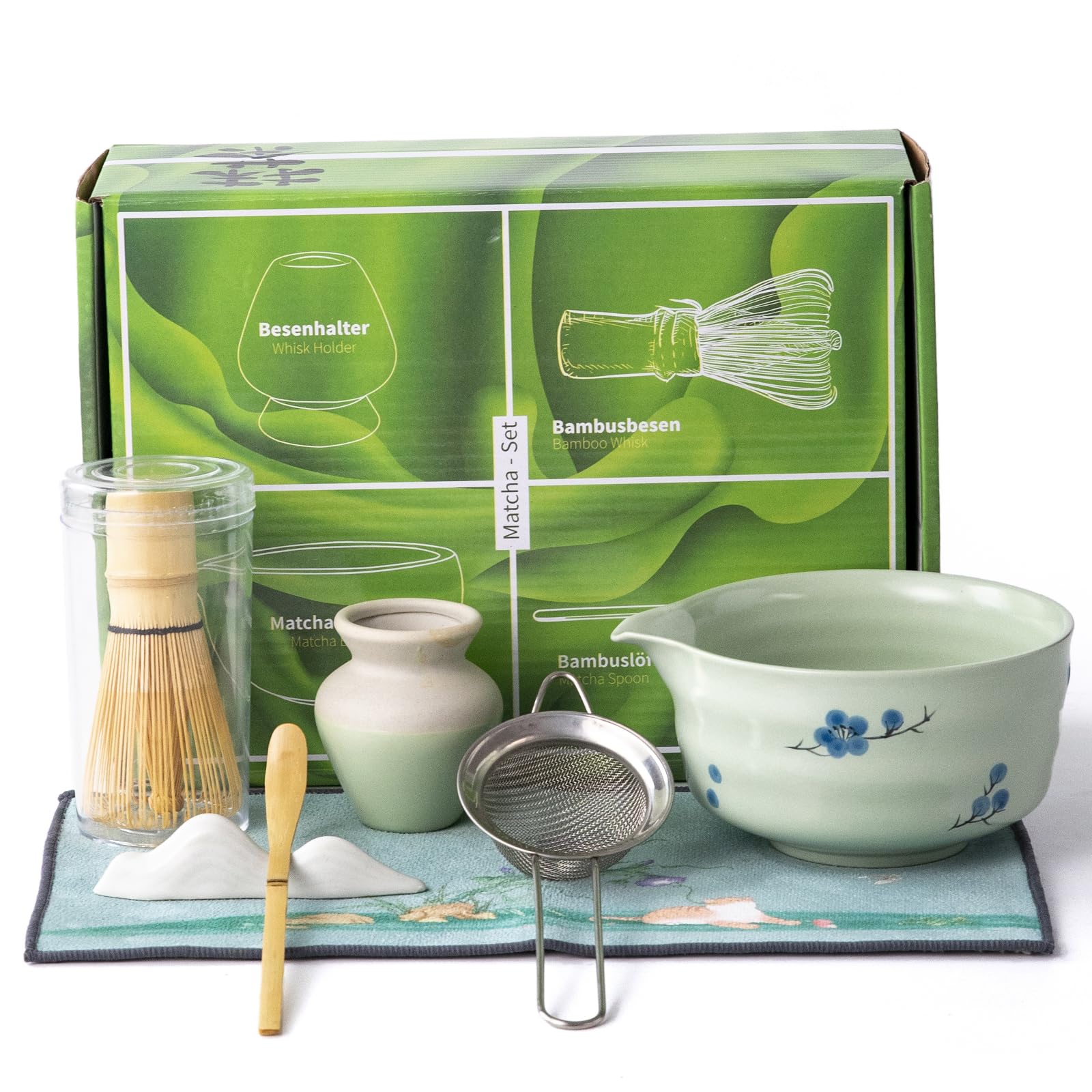 QDDTRAHCCLJZ 6-piece ceramic matcha tea set, including matcha bowl, matcha whisk and stand, sieve, spoon, cloth mat, gift for matcha lovers (Light green)