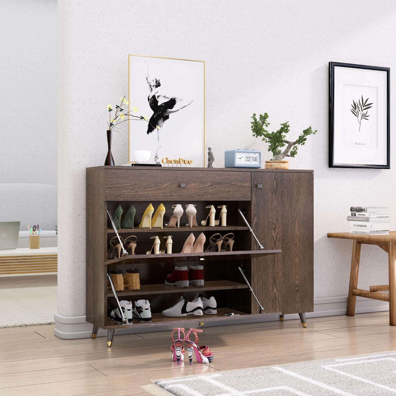 Bniture Engineered Wood Shoe Rack for Home with Metal Legs Strong, Sturdy and Stylish | Moisture & Termite Resistant (Front Size 3.5 x 1 Feet) (Flower Wenge) (B0D1VBKFY9) Amazon Price History, Amazon Price Tracker