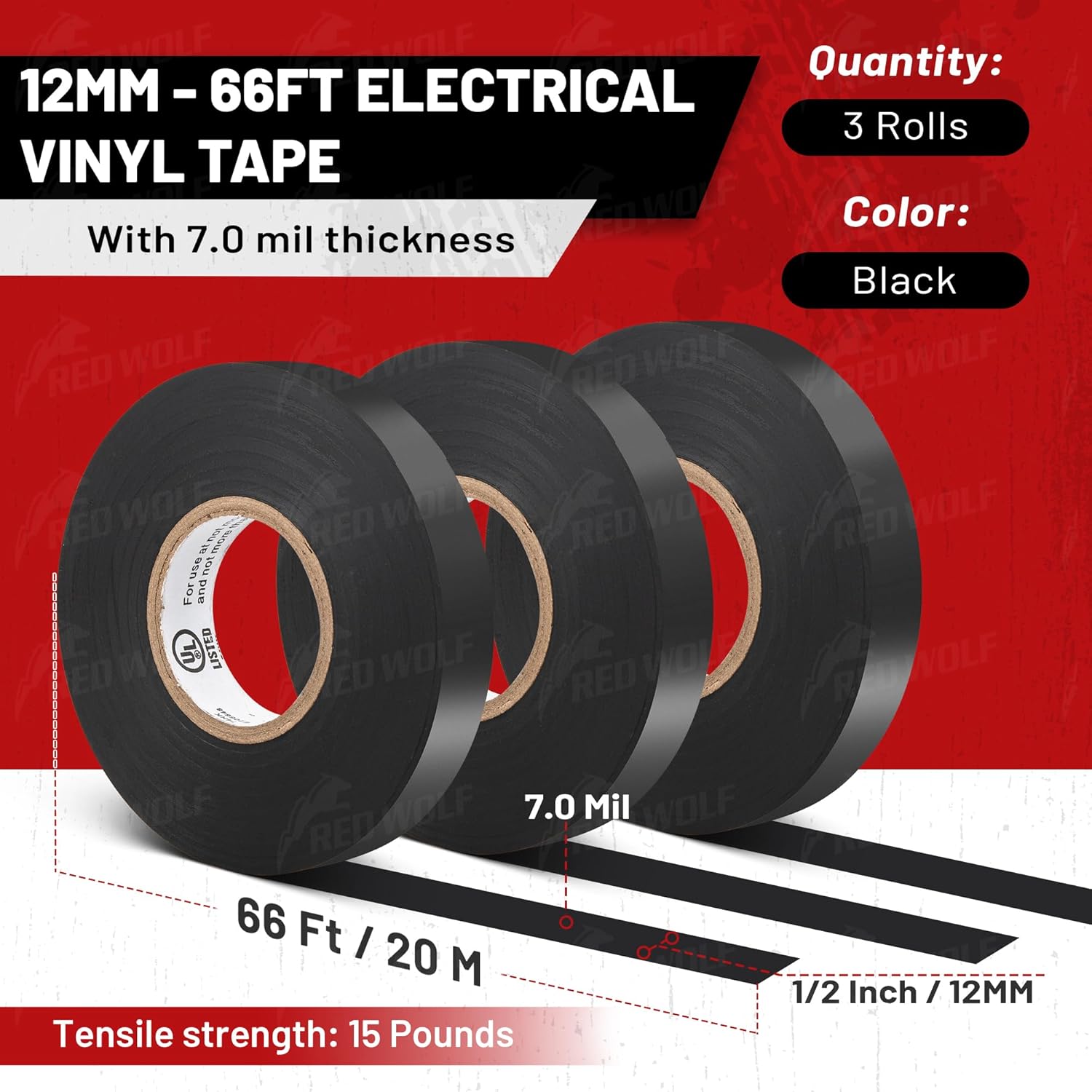 RED WOLF Vinyl Electrical Tape 1/2"-66Ft 3 Pcs, UL CSA Listed PVC Electric Tape 7 Mil Thick Flame Retardant Strong Rubber Based Adhesive Tape Rated 600V for Electrical Automotive Application