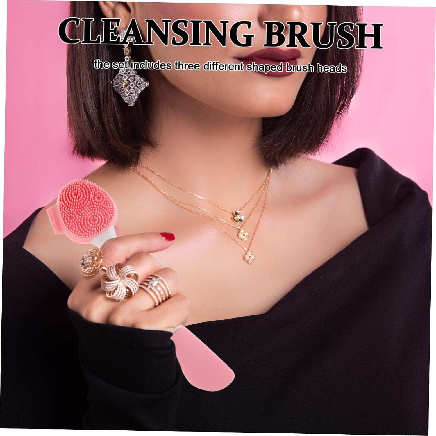 3pcs Silicone Manual Facial Cleansing Brush, Pink Three Head Design image 4