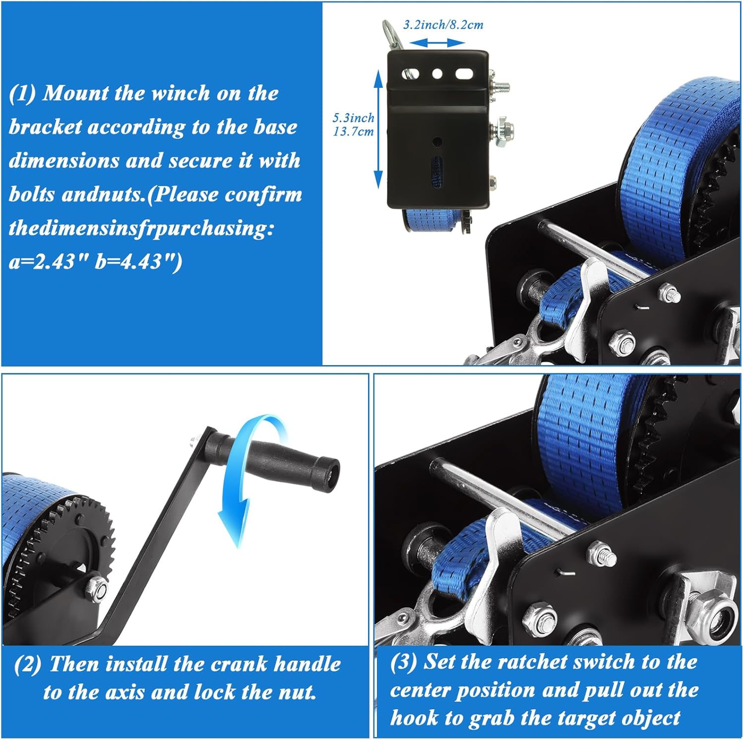 Boat Trailer Winch 2500lbs Hand Winch with 33 FT Strap, 2- Way Boat Winch and Ratio 4:1/8:1 Gear Two Speed, Heavy Duty Hand Crank Winch for ATVs Boats Trailers Trucks Towing