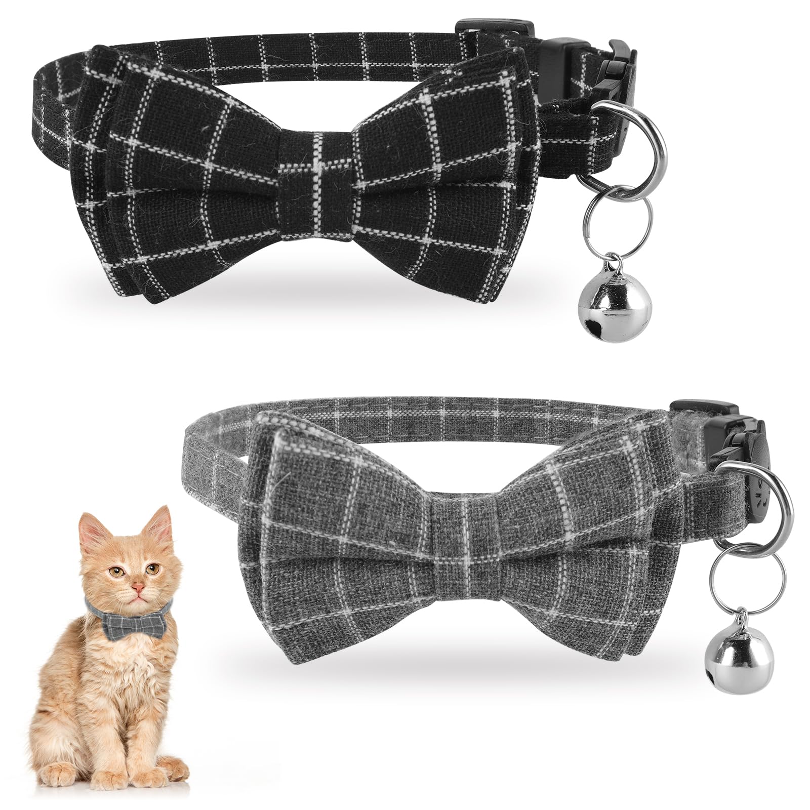 Jeffdad 2Pcs Cat Collar Breakaway, Cat Collar with Bells Bowtie Plaid Cat Collar Adjustable for Kitten Puppy and Small Pets (Black and Gray Plaid)