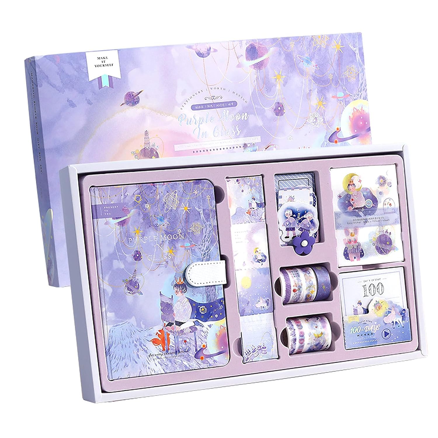 VIBEVISTA Vintage Aesthetic Scrapbook Kit, 346 Pcs, A6 Grid Notebook, Washi , Envelopes, Scrapbook Papers, Folding Labels, Background Papers, Photo Frames, Calendar Stickers, Stickers (Purple Moon in Glass)