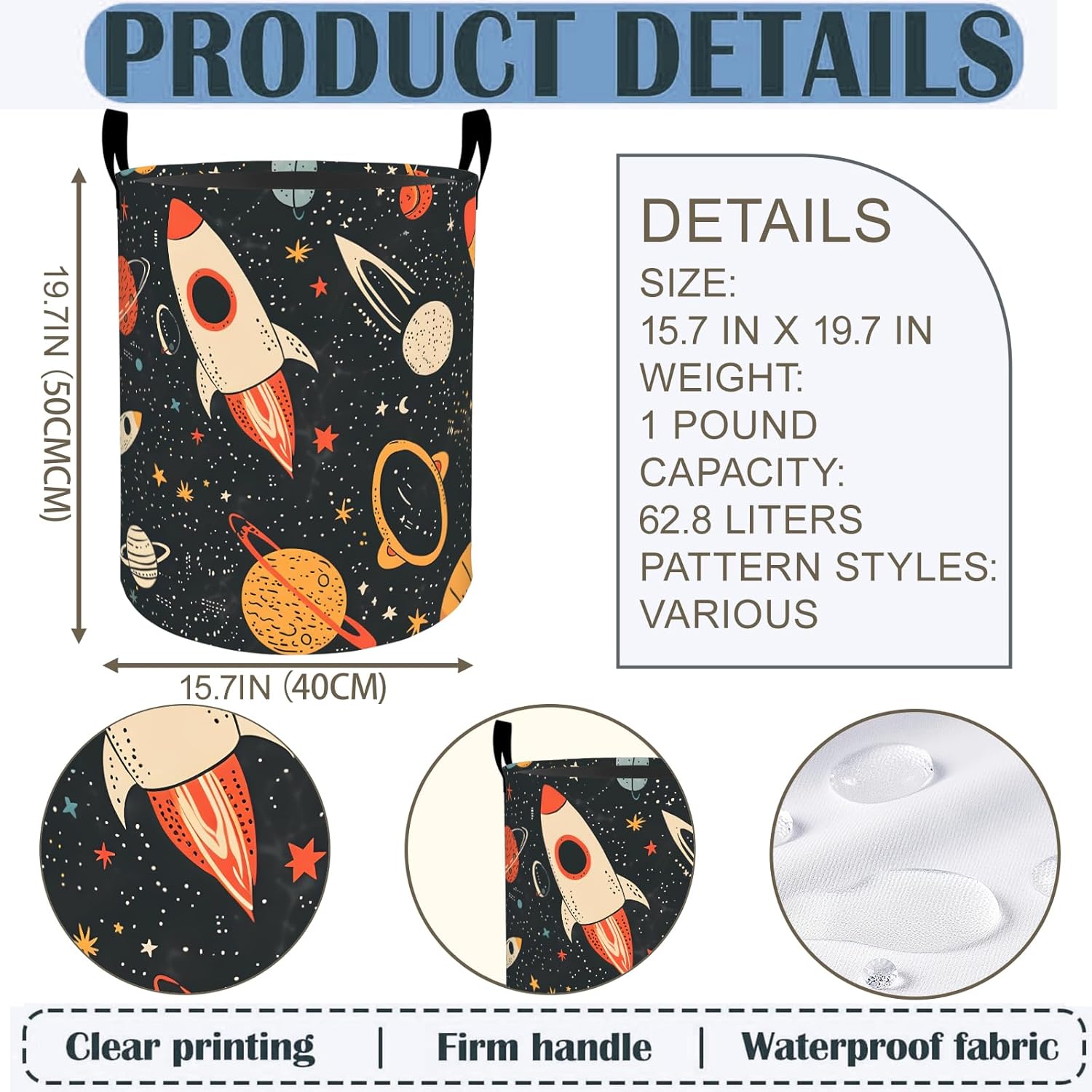 Space Rocket Laundry Basket Hamper 19.7"x15.8", Outer Planet Foldable Waterproof Oxford Clothes Storage Bucket for Room Bathroom Bedroom Nursery Decor, Toy Organizer Bins Gifts for Kids Boys Girls