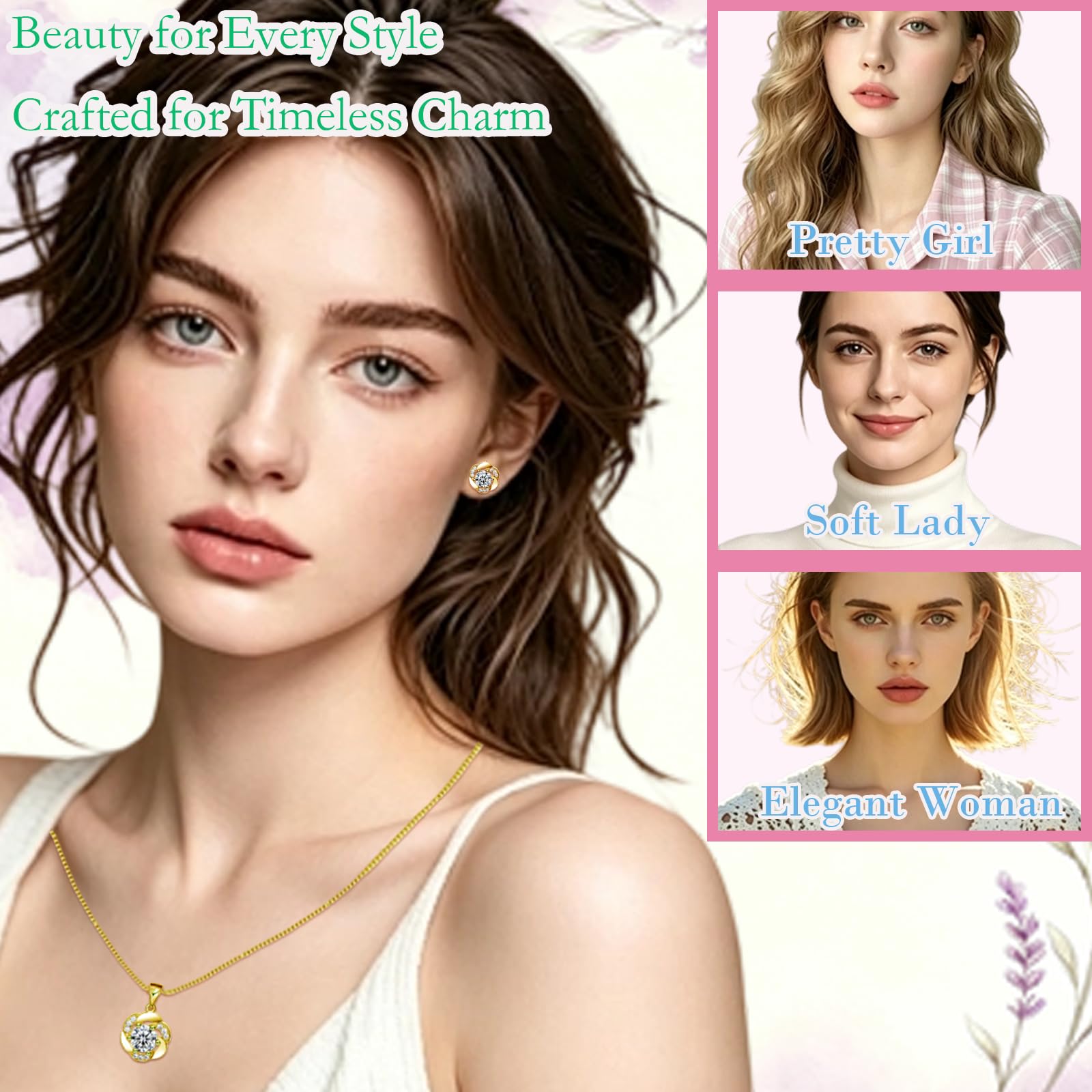 Juego de joyas de plata 925, juego de joyas para mujer, collar de flores y pendientes con circonita blanca, collar de plata con colgante de flores y pendientes con caja de regalo de cumpleaños