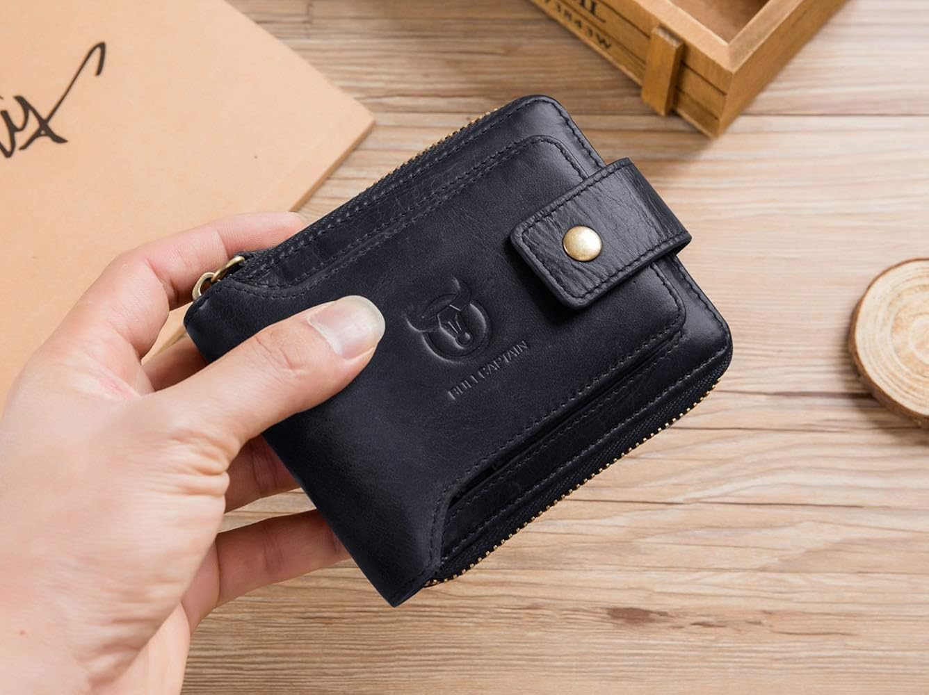 BULLCAPTAIN Leather Mens RFID Blocking Wallet Zipper Bifold Wallets for Men