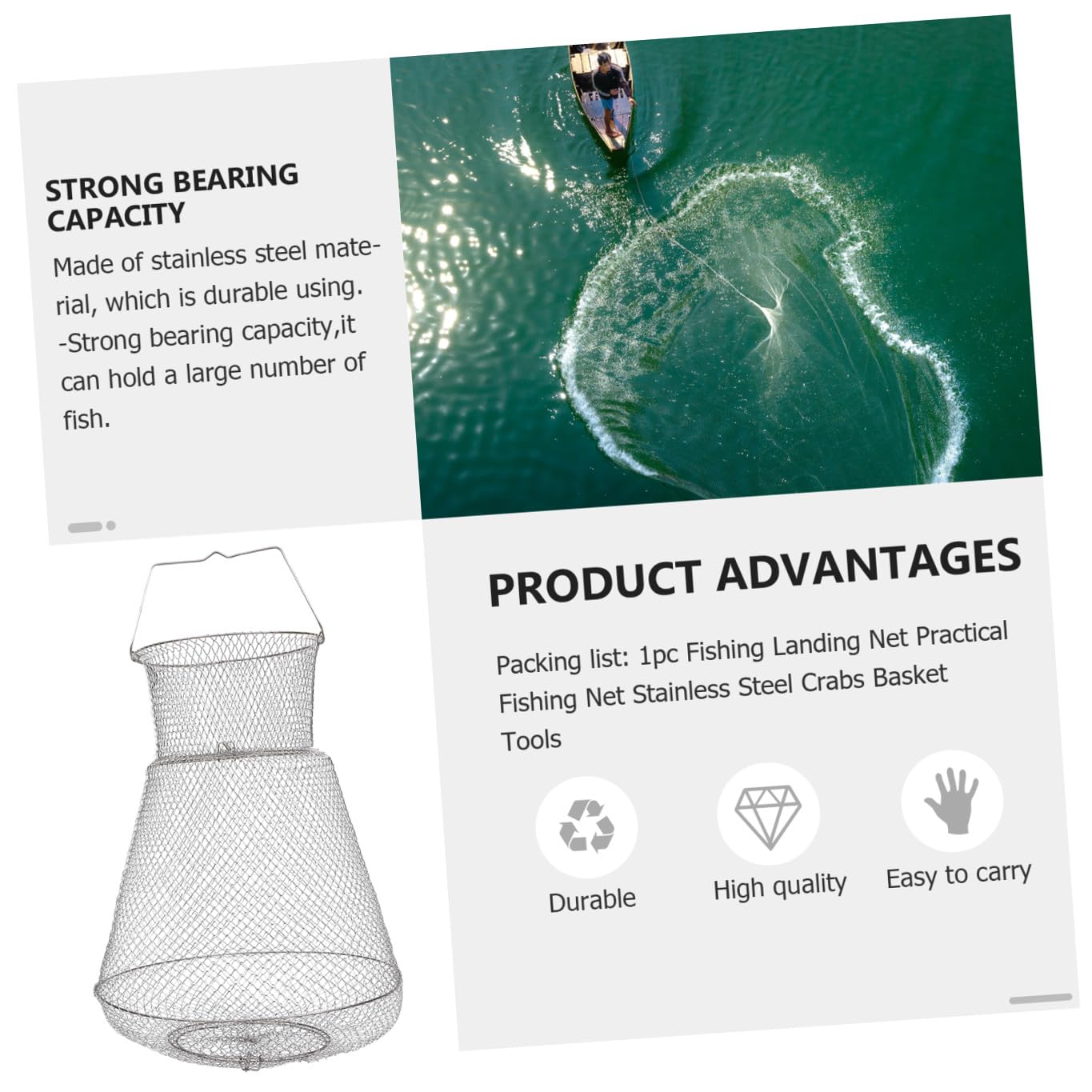 Toyvian Bourriche de Pêche en Acier Inoxydable 304, Filet Robuste à Forte Capacité de Charge, Pêche en Mer Bateau
