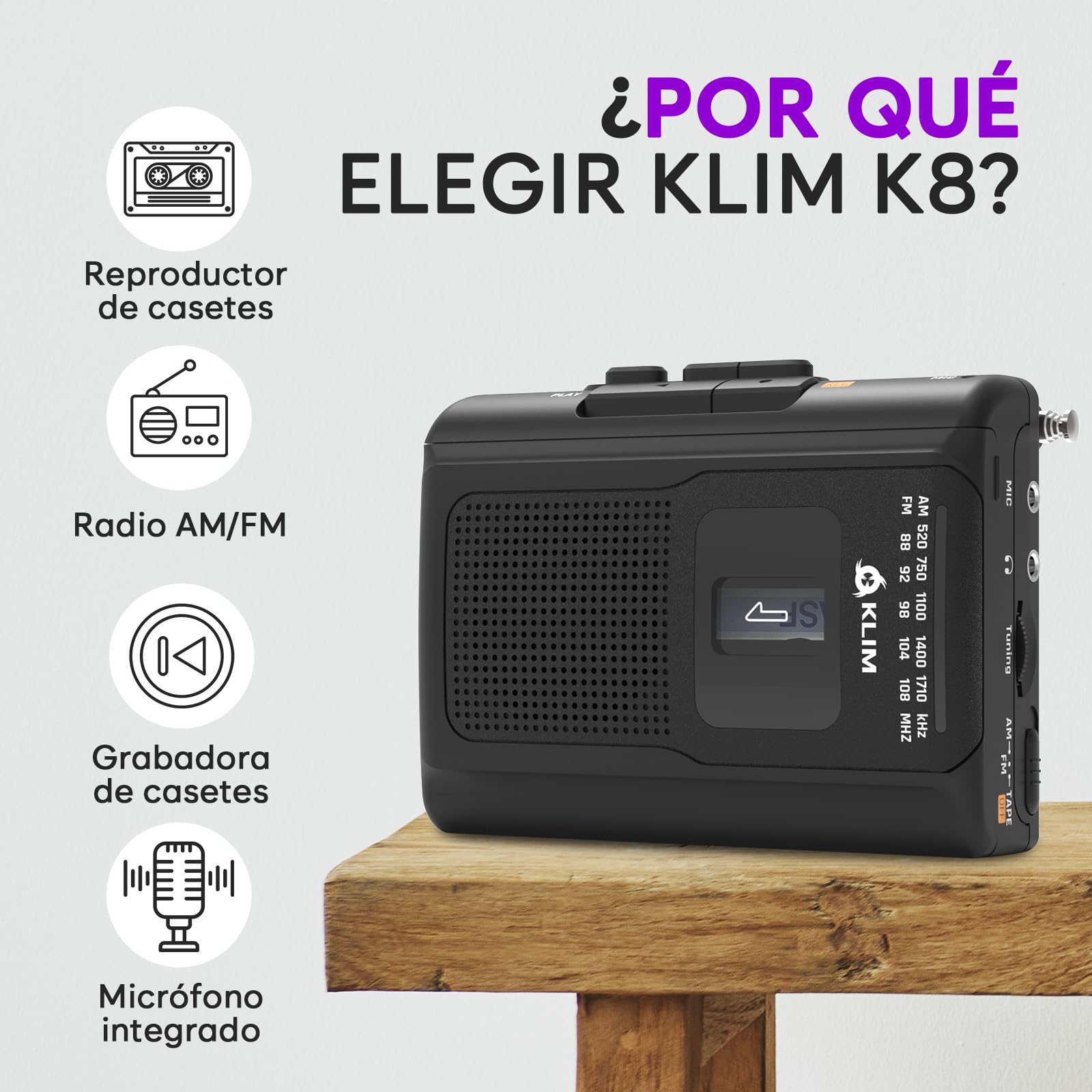 KLIM K8 Reproductor Cassette - Nueva versión - Cassette Player - Am/FM Radio - Micrófono y Altavoz Integrados - Conector para Auriculares y Auriculares - Negro