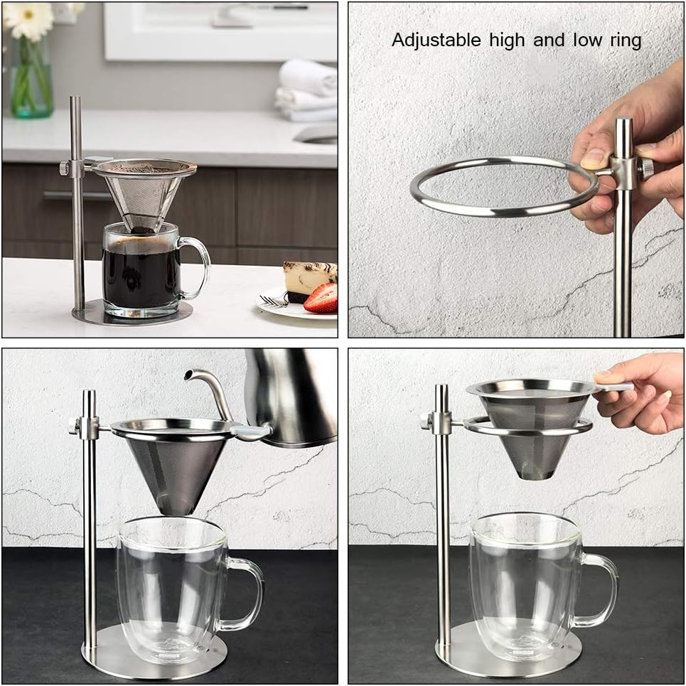 Mingkai Stainless Steel Pour Over Coffee Maker, Adjustable Pour Over Coffee Stand with Double Filter, Freestanding Drip Cone Brewer and Stand, Make Coffee Directly into Mug, Cup or Thermos Silver
