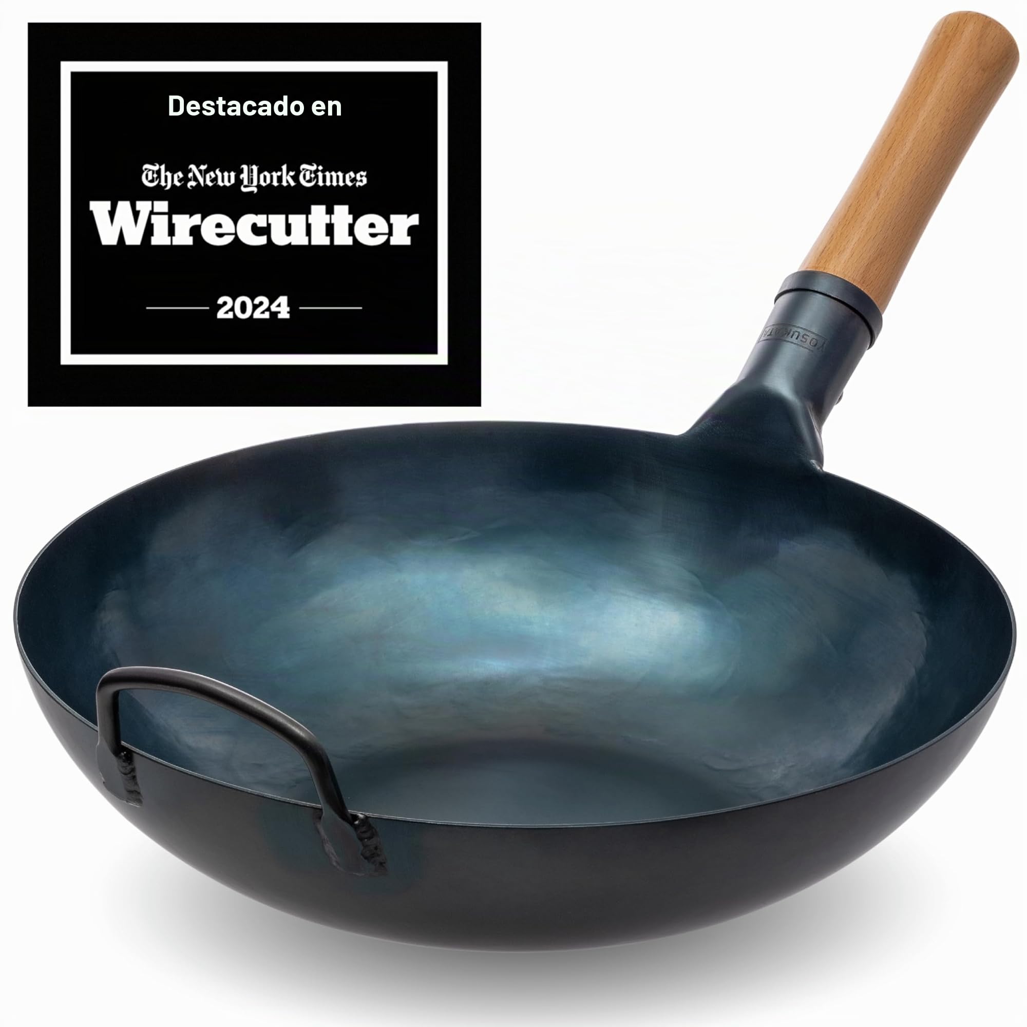 YOSUKATA Sartén Wok de Acero al Carbono 34 cm + Tapa Para Sartén Wok de Madera Natural de 34 cm