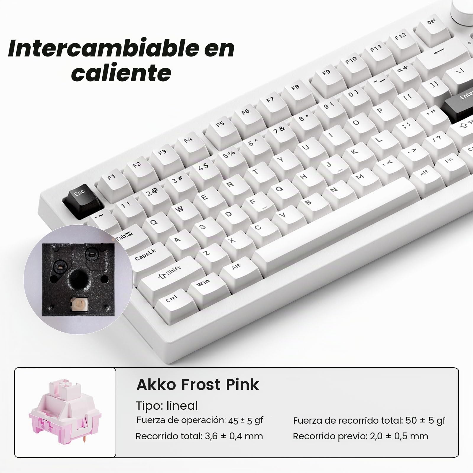 Akko 5075 V3 Teclado Mecánico 75% Gasket RGB Hot Swap | Layout QWERTY, RGB Programable, Switch Frost Pink para Montaje Custom, Oficina y Gaming (Negro sobre Blanco)