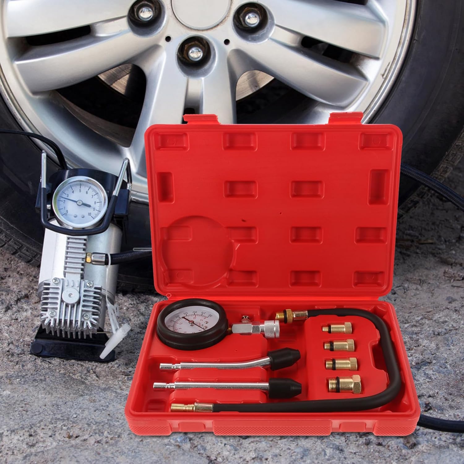 SECFOU Cylinder Compression Tester Kit with Adapters, Engine and Motorcycle Compression Gauge Set for Automotive Cylinder Leak Testing and Maintenance Tools