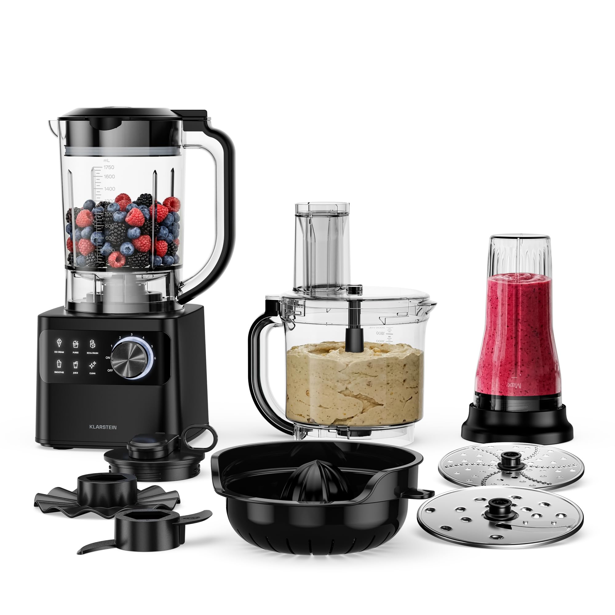 Klarstein Robot de cocina, Velaire con batidora – Robot de cocina multifunción de 1200 W, recipiente de 2 l, batidora de 1,75 l, 6 programas y velocidades, accesorios de exprimidor y picadora de carne