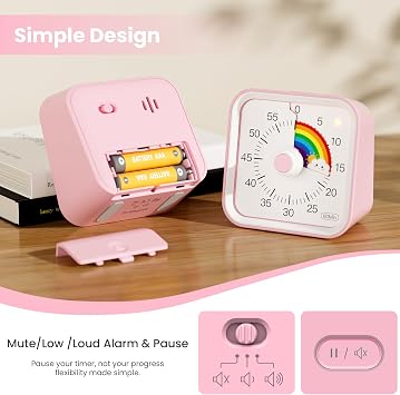 Visual Timer for Kids with Pause Function, Cute Silent Timer with Rainbow for Classroom, Teaching, Task, 60 Minute Countdown Time Management for ADHD (Rainbow Pink)
