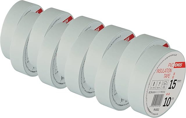 EMOS taśma izolacyjna PCW, biała, 10 sztuk, 15 mm x 10 m, grubość taśmy 0,13 mm, samoprzylepna, wysoka wytrzymałość na naprężenie i zakres temperatur użytkowania, odporna na promieniowanie UV,