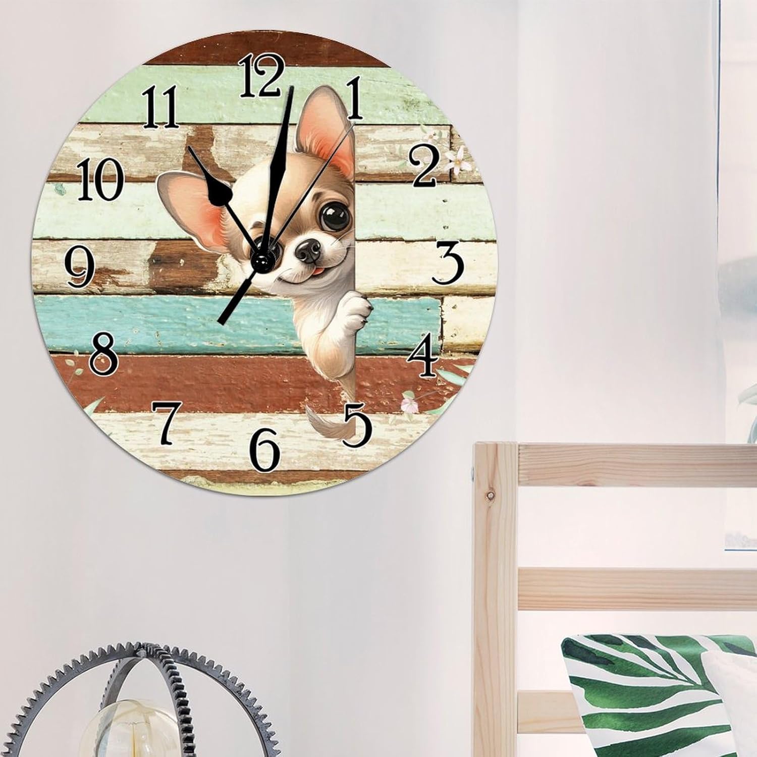 Chihuahua Dog Peeking Around Corner Clocks Chihuahua Wall Clocks Battery Operated Round Wall Clock Puppy Dog Animal Wooden Wall Clock for Bathroom Bedroom 12x12in