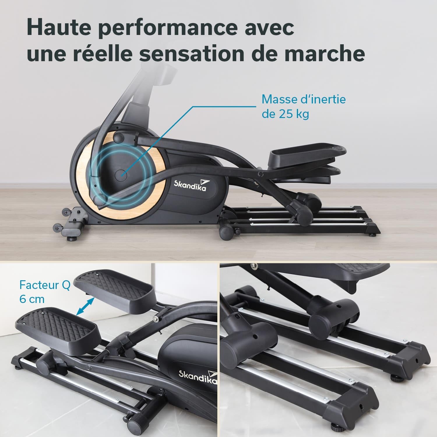 Skandika Vélo elliptique Carbon P25, Vélo elliptique Pliable, 32 Niveaux de Résistance, Auto-alimenté, Frein Magnétique, Écran LCD, Bluetooth, Kinomap, Double Rail, Masse d'inertie 25KG, Max 150KG