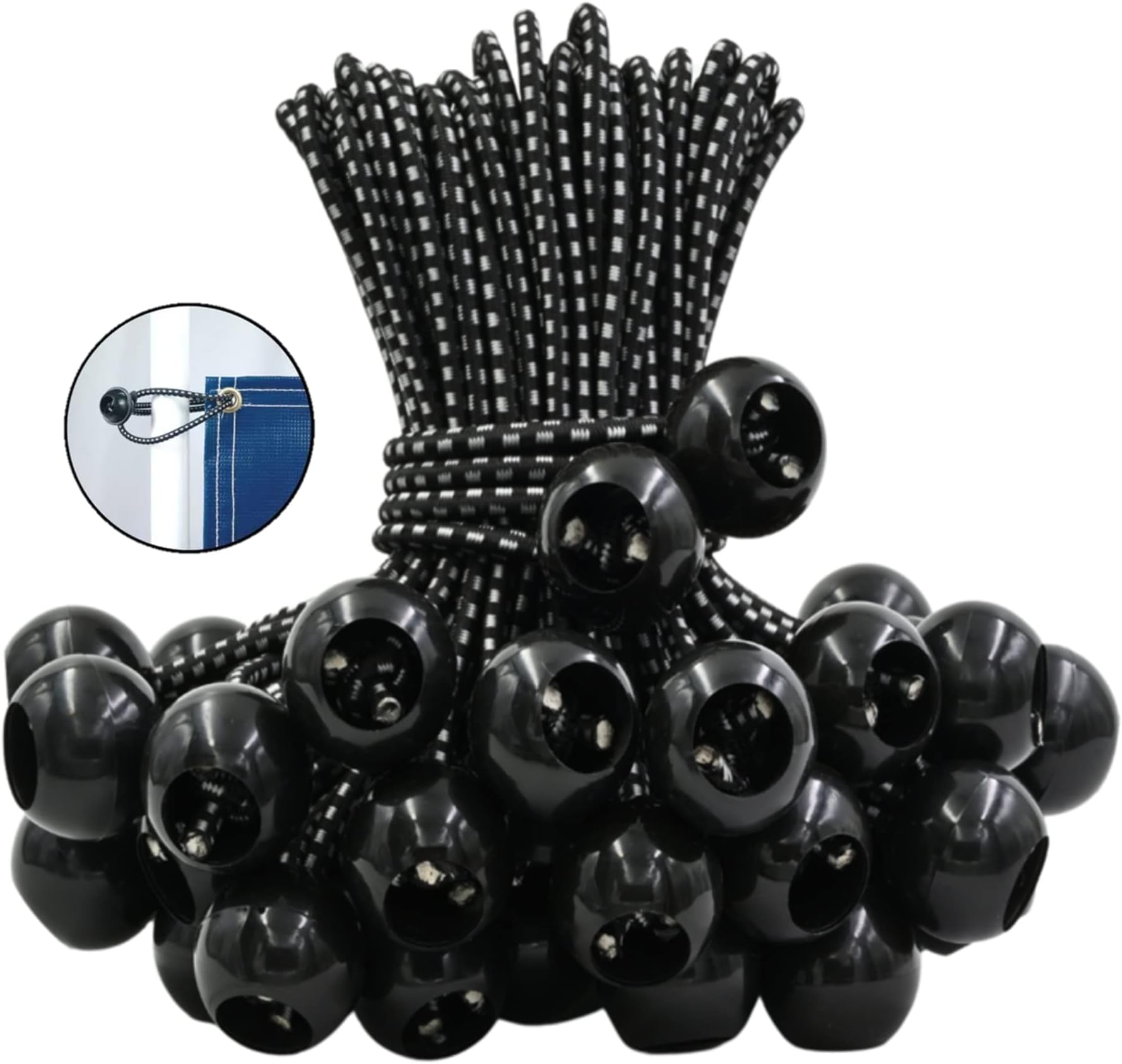 25 Pack Ball Bungee 6 inch Black HeavyWeight 6'' Tarp Bungee Cords