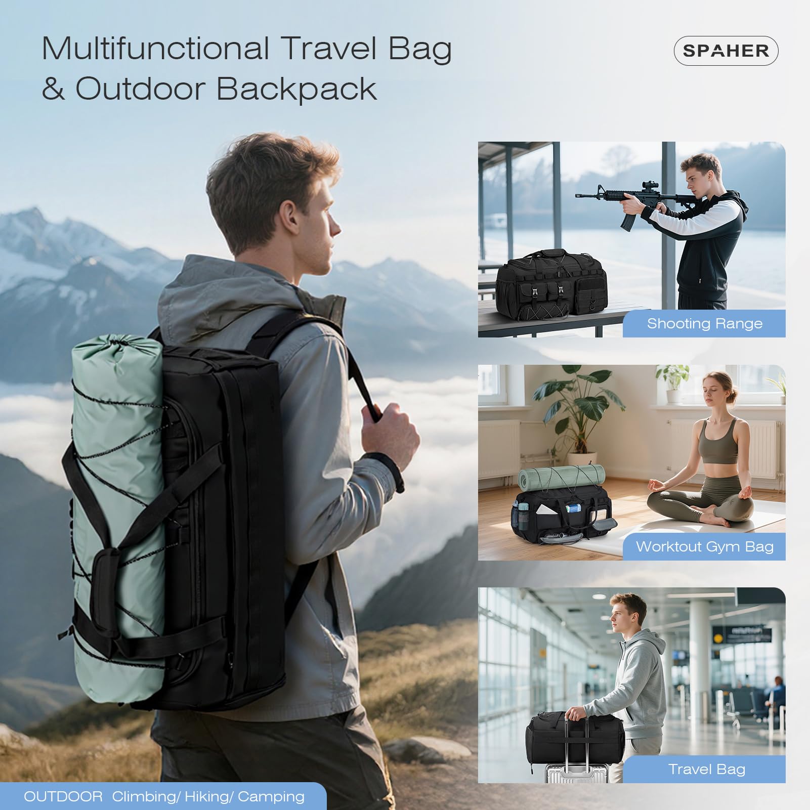 SPAHER 3 en 1 Sac de Sport Voyage Grand 60L Sac à Dos Tactique Homme, Noir | Compartiments Chaussures & Humide, Style Tactique, Bandoulière Rembourrée Amovible, pour Sport, Randonnée, Camping, Natation
