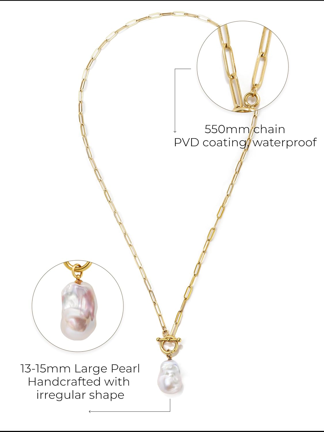 Chunky Toggle Paperclip Necklace Pendant for Women 18K Gold Chain Choker Baroque Pearl Jewelry Set for Wedding Birthday Gift - Image 3