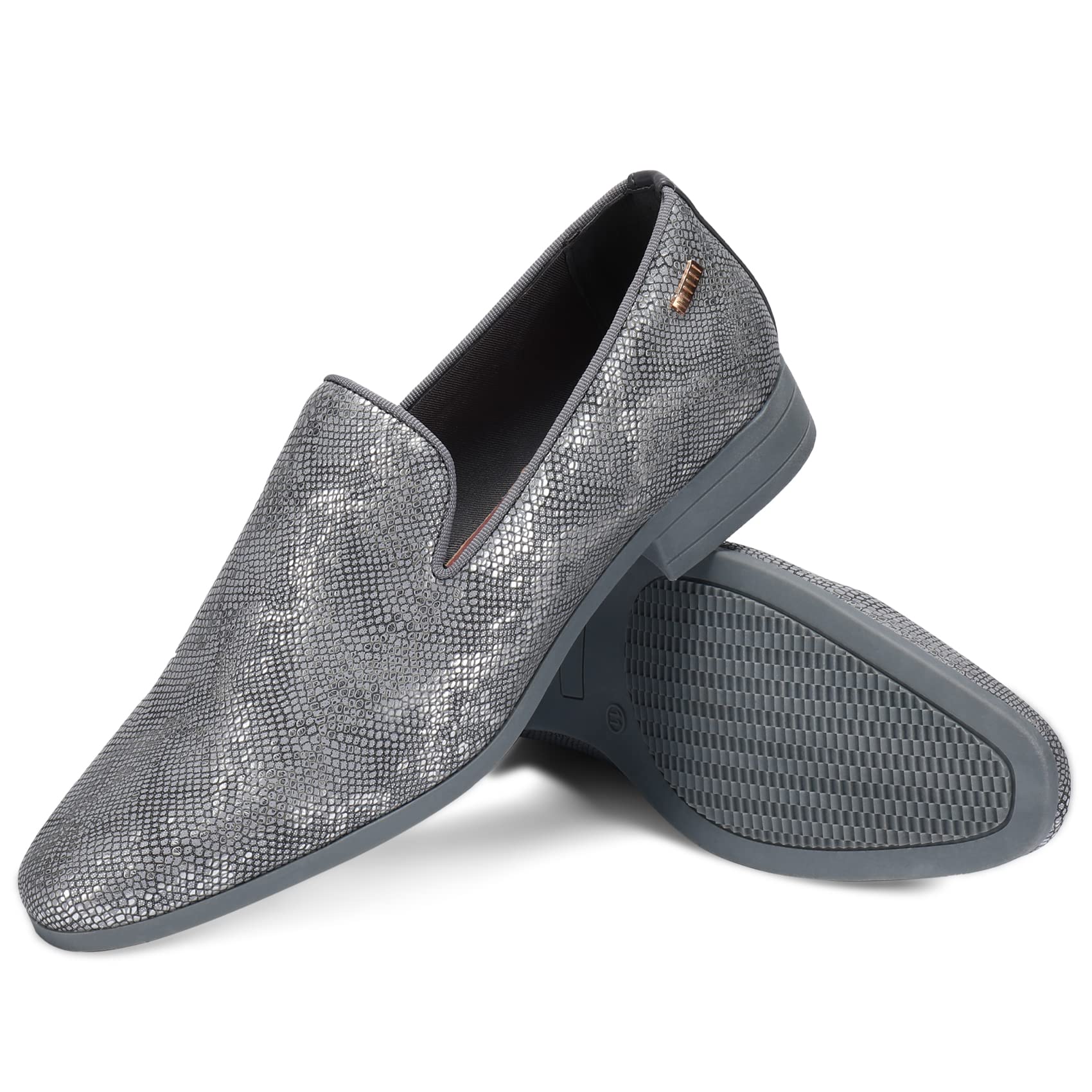 UUBARIS Mocasines de vestir para hombre, zapatos de conducción, zapatos de traje de esmoquin, Piel de serpiente sintética plateada, 42 EU