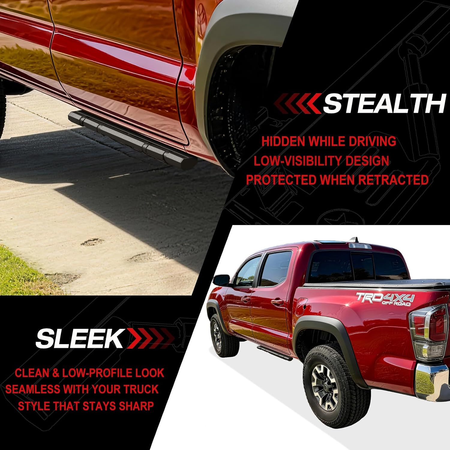 APS iBot Power Drop Steps Compatible with Toyota Tacoma 2005-2023 Double Crew Cab Driver Side Rear Door | Individual Robotic-Inspired Retractable Running Boards