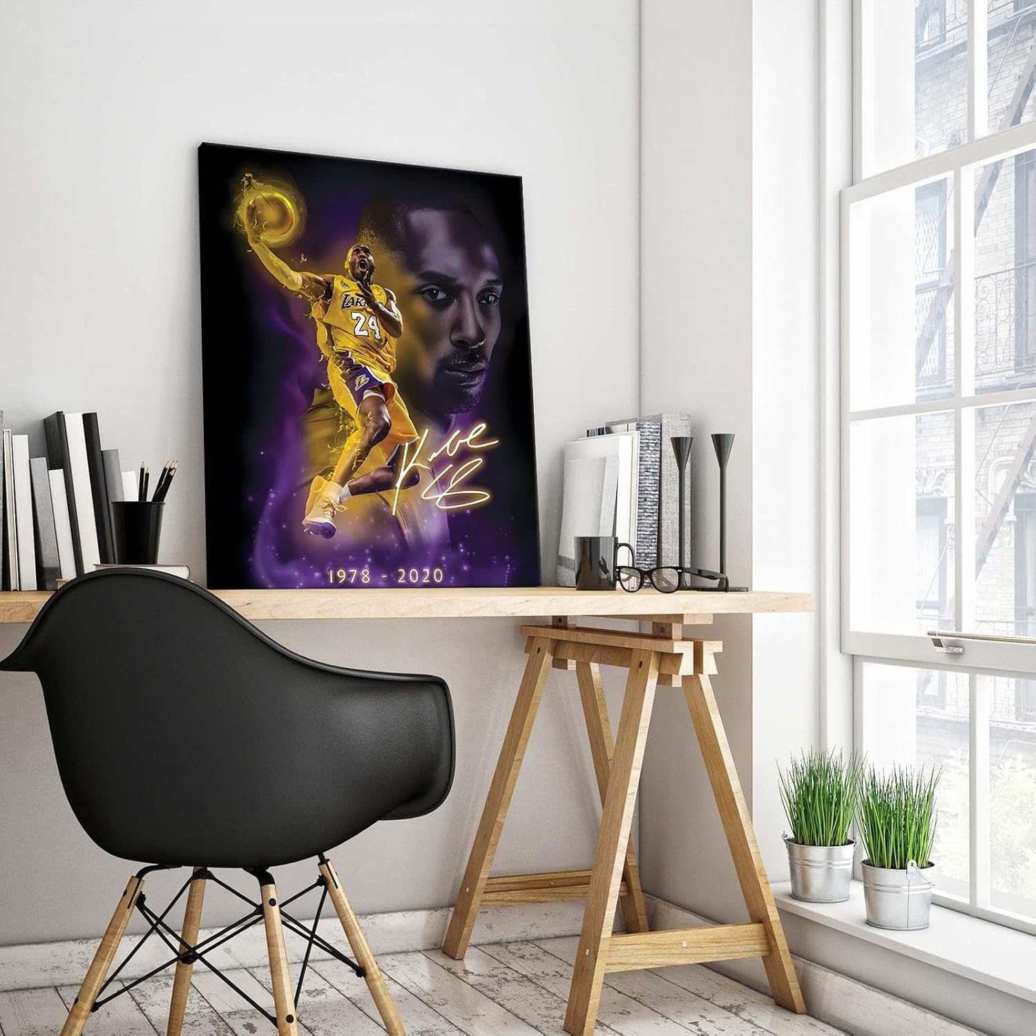 Kobe Bryant Memorial Canvas Wall Art, Basketball Legend Poster Print with Lakers Tribute 1978-2020, Inspirational Purple Artwork for Home Decor, Sports Fans Living Room Game Room, Framed 16x20inch