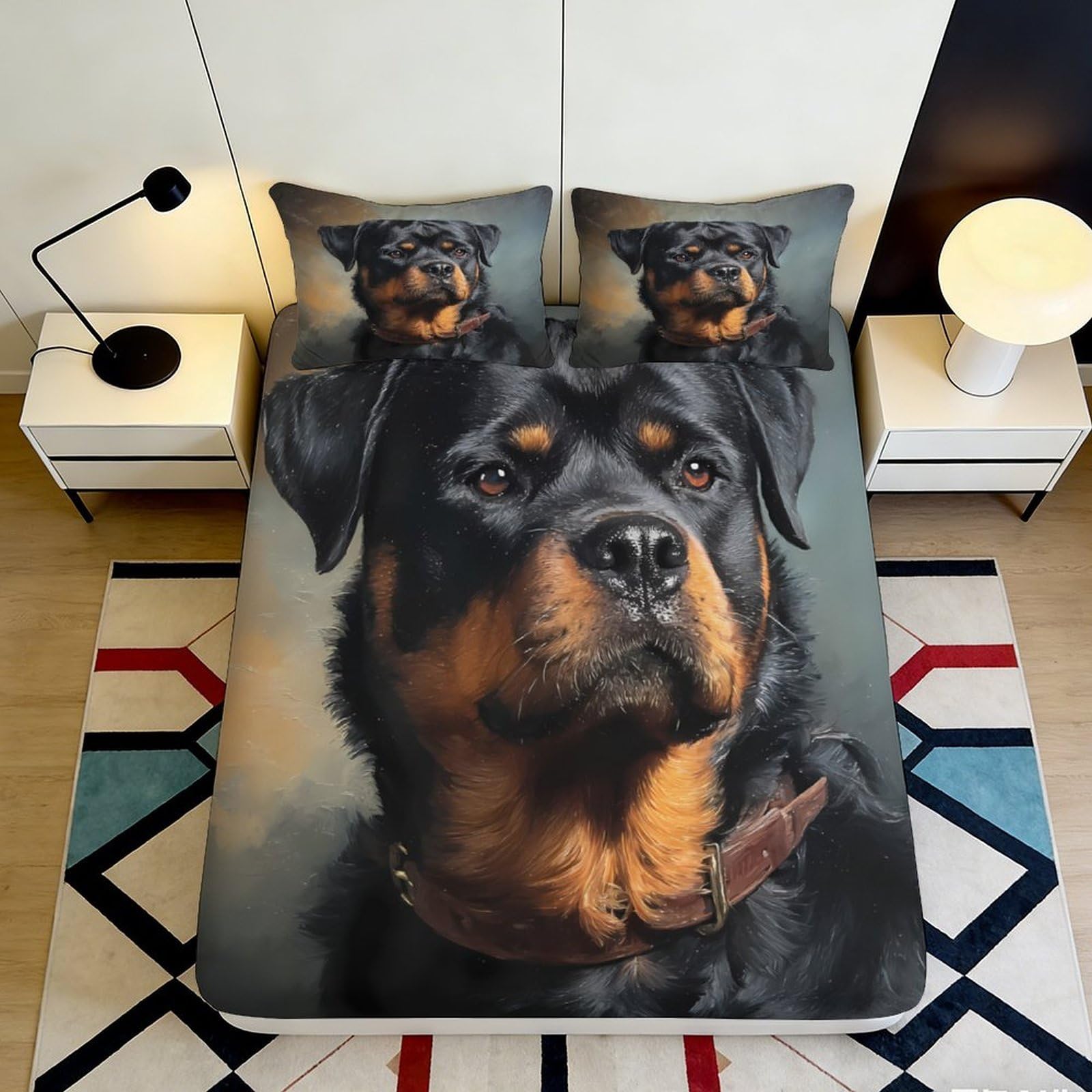 3D Printed Rottweiler Dog Portrait Fitted Sheet Microfiber Soft Mattress Cover for Bedroom Guest Room Decor 90x200x25cm