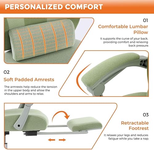 Miniatura 5 de Silla ergonómica de escritorio para computadora de oficina con almohada lumbar y reposapiés retráctil, sillones giratorios de malla con respaldo