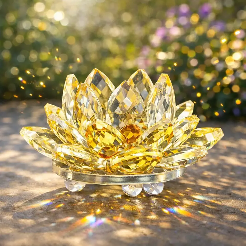 Enfeite de flor de lótus de cristal brilhante, estatuetas reflexivas para casa Feng Shui, decoração para casa, escritório, mesa, mesa, centros de mesa, amarelo