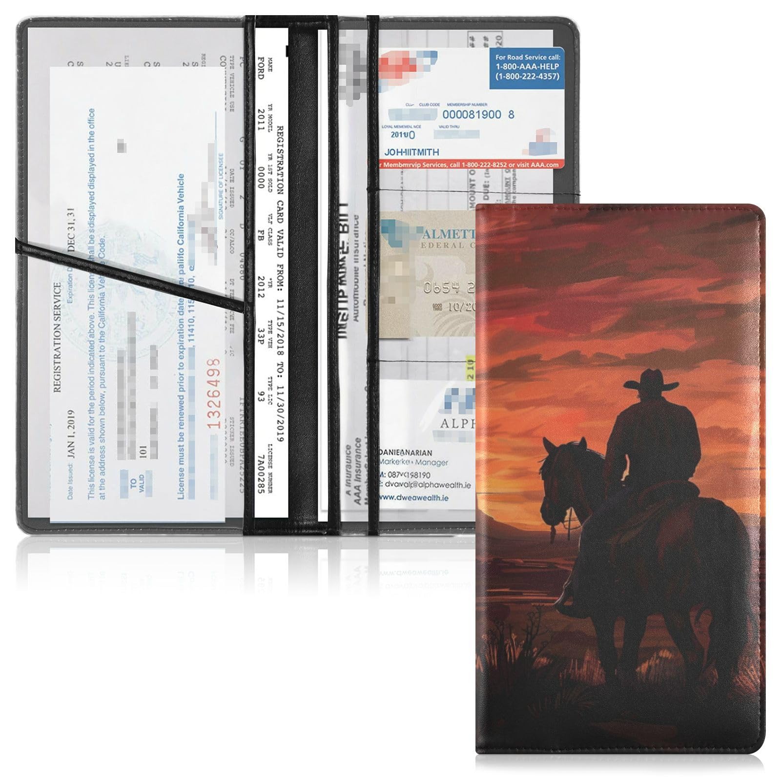 Pu Leather Car Registration & Insurance Card Holder Men Women Car Essentials for Documents, Cards, License Cowboy Western Desert