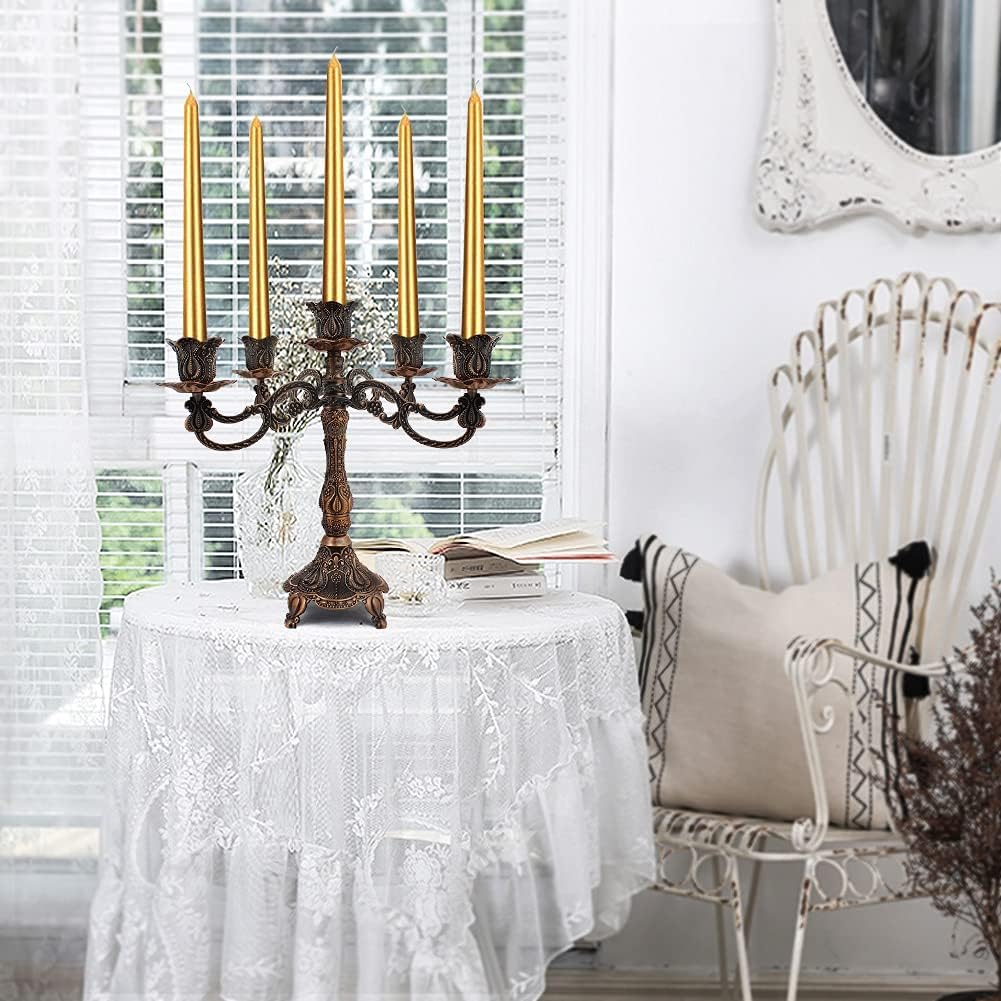 5-Candle Metal Candelabra 10.3 Inch Tall Candlestick Candle Holders for Home Decor Wedding Christmas Church Halloween Party, Red Bronze Tulip