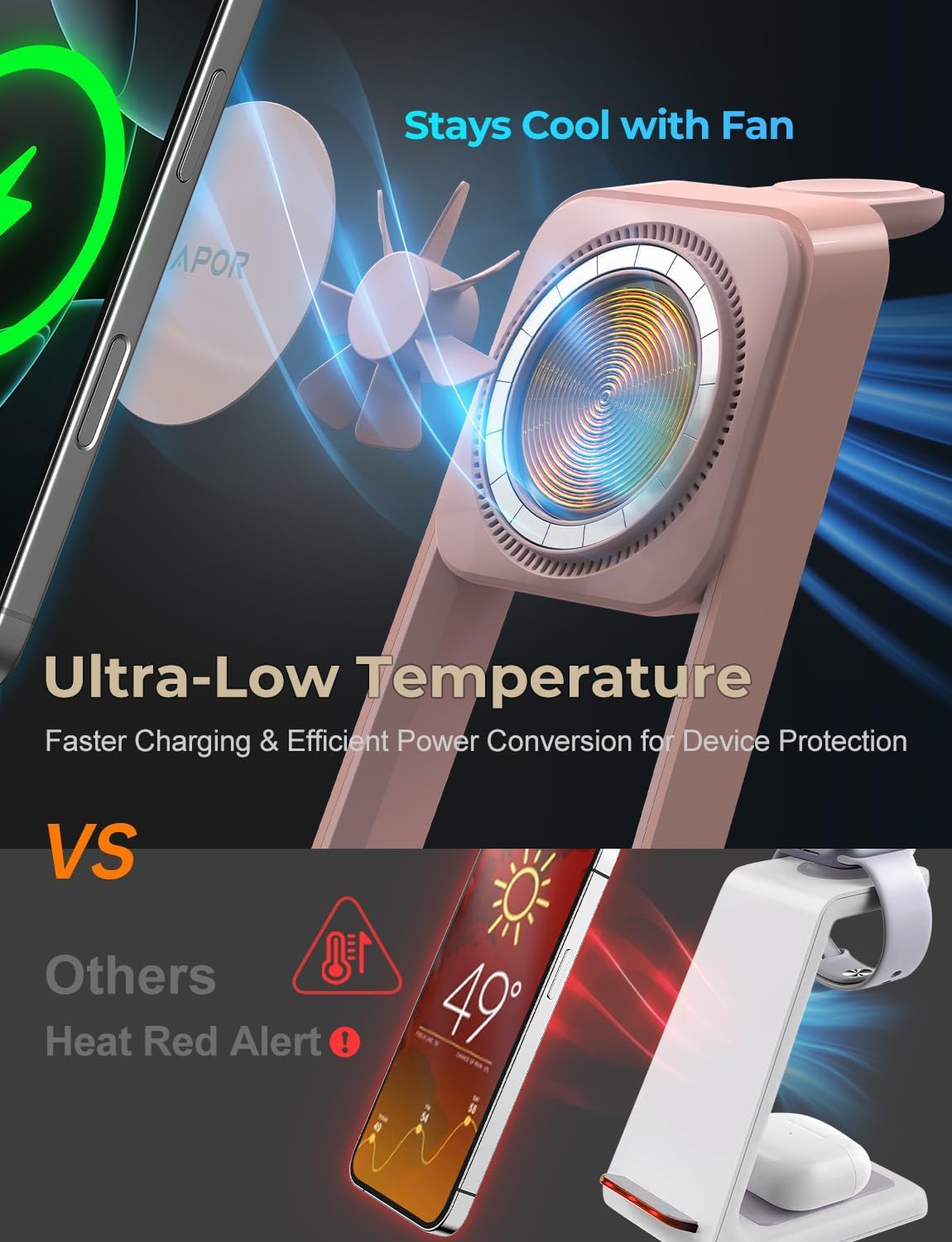 3 in 1 charging station for iphone, magsafe wireless charger with cooling fan for iphone 17 16e 16 15 14 13 12 series & apple watch charger, wireless charging station for airpods 4/3/pro (pink)