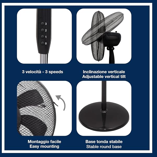 BEPER P206VEN120 Ventilateur sur pied 7 pales, 40 cm, oscillant, 3 vitesses, hauteur réglable jusqu'à 130 cm, base ronde stable, noir - 3