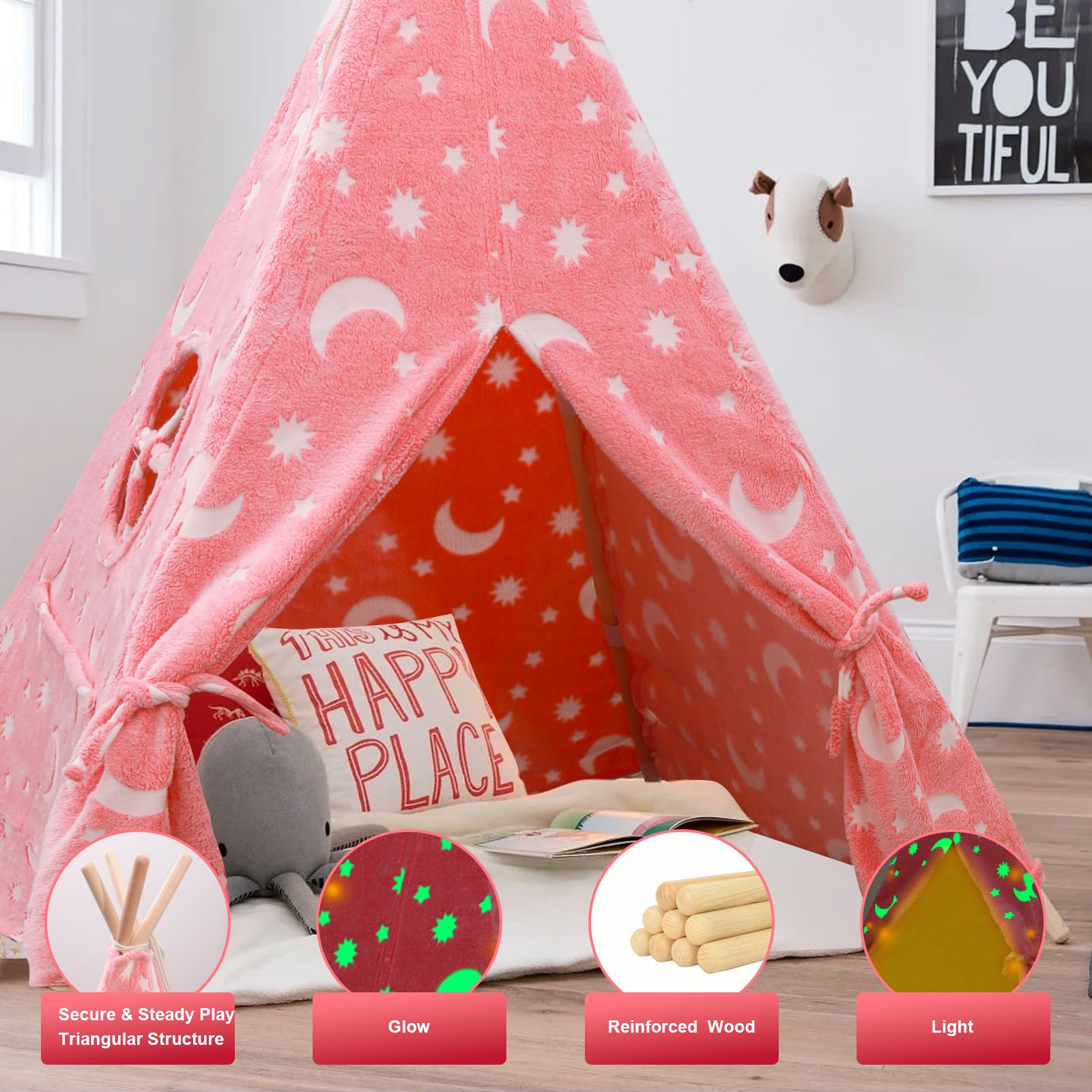 ZAIXIA Teepee Tent for Kids,Portable Kids Play Tents,Indoor Glow Play Tent, Pink, 110x110x150 cm - Image 3