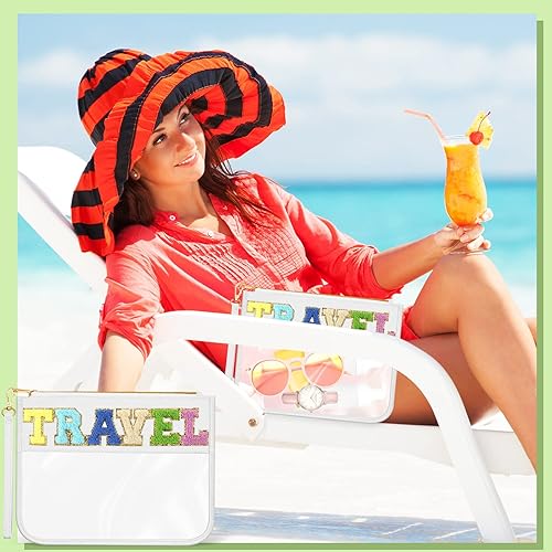 Miniatura 7 de Paquete de 4 bolsas de felpilla con letras de felpilla, bolsa con cremallera para aperitivos de playa para cosméticos, artículos de tocador de