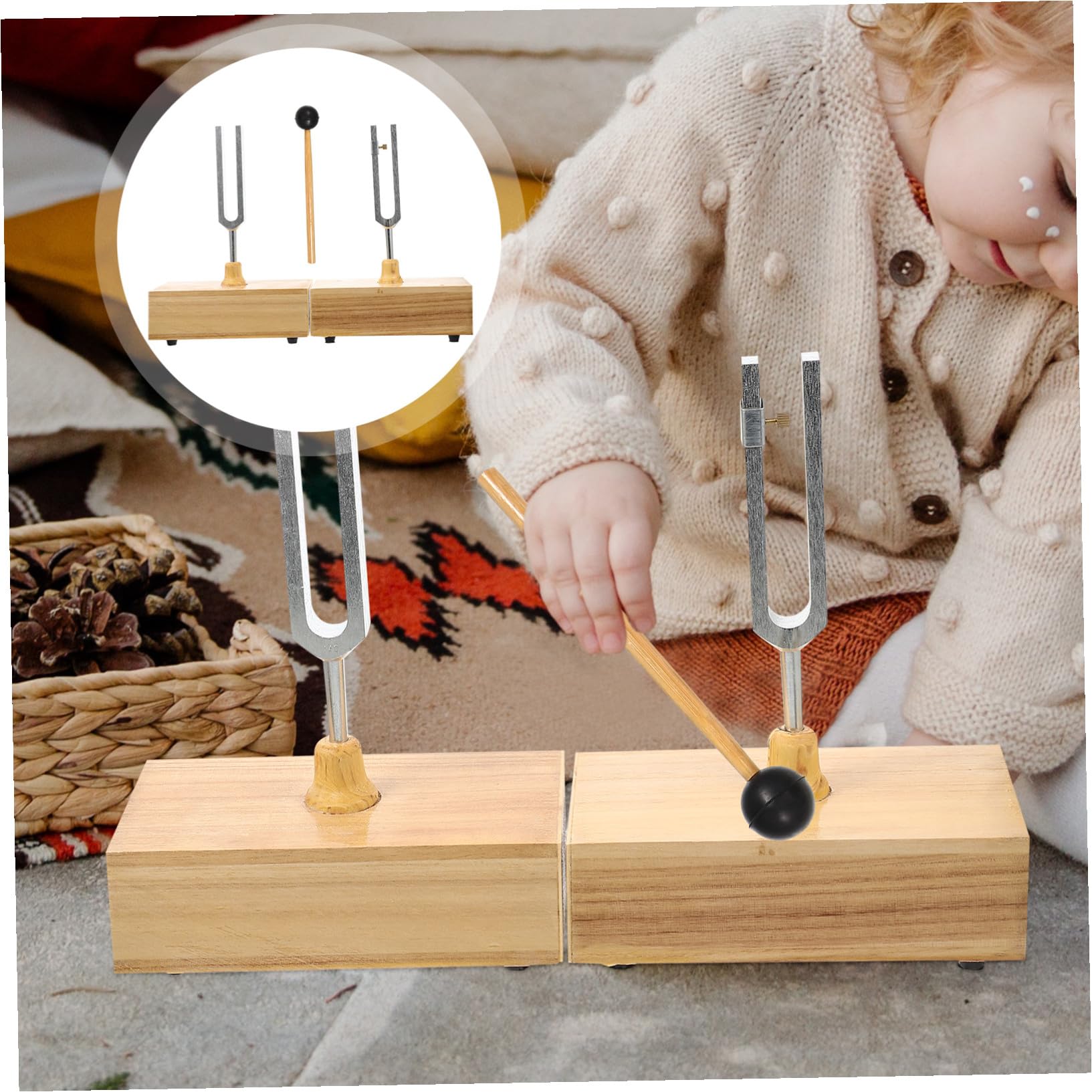 Zerodeko Experiment und Klare Klangfarbe Stimmgabel 440hz mit Holzsockel und Metall Inkl Hammer für Präzises Stimmen bei Physikalischen Akustikexperimenten