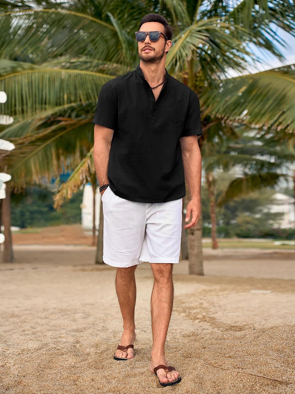 Beotyshow Men 100% Cotton Linen Henley Shirt Casual Short Sleeve Summer T Shirt Pocket Button Tee Top Beach Hippie Shirt - Image 5