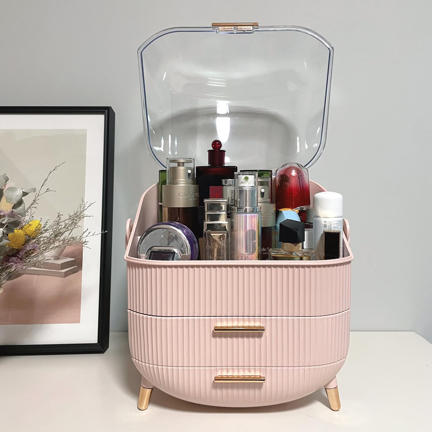 Kousee - Organisateur de maquillage avec couvercle transparent, tiroirs pour soins de la peau, porte-beauté pour salle de bain, coiffeuse, résistant à la poussière et étanche, rose
