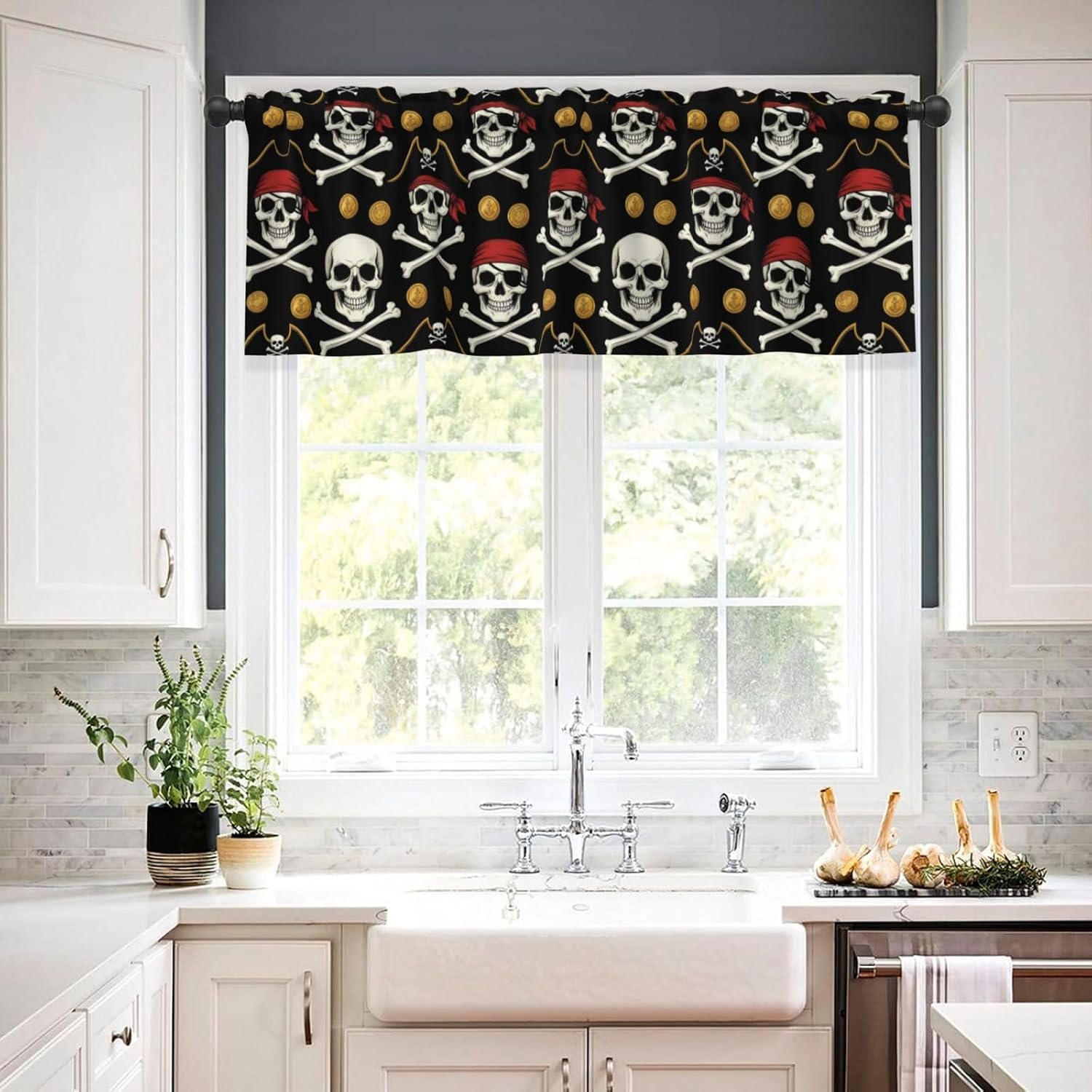 Valance for Windows Pirate Skulls Crossbones Gold Coin Short Curtains Rod Pocket Window Treatment for Kitchen Living Room Bedroom Bathroom Decor 1 Panel, 54x18in