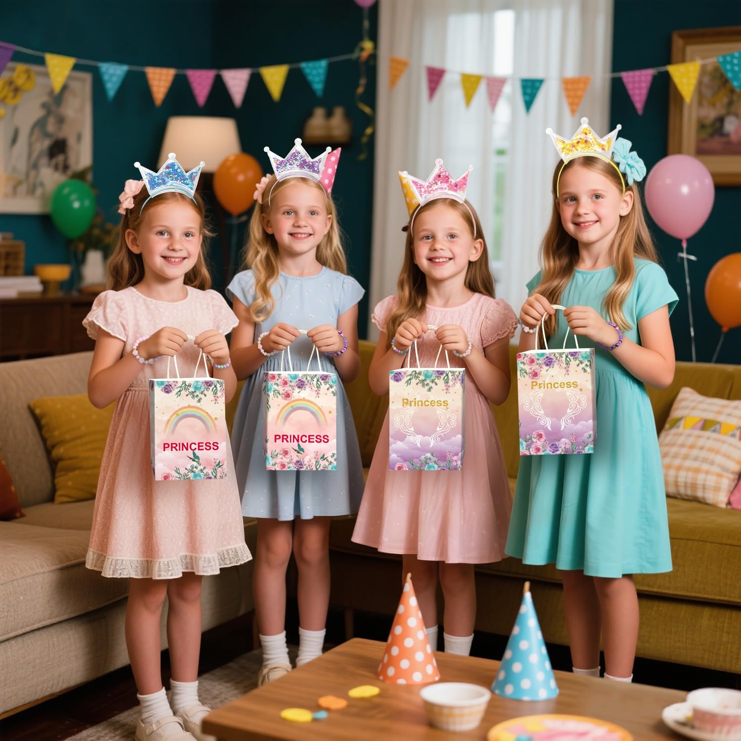 Princess Party Favors, Including 12 Glitter Star Fairy Wands,12 Princess Crowns ,12 Gift Bag,12 Stickers , 12 Party Blowers ,12 Bracelets, for Birthday Party Gifts Classroom Rewards Gifts