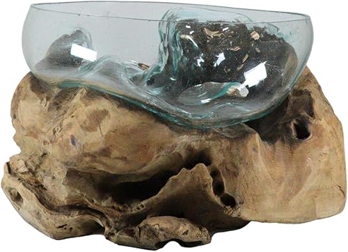 Miniatura 5 de Ebros Gift Madera flotante balinesa de madera gamal natural hecha a mano con vidrio fundido soplado a mano para servir frutas, grande de 14 pulgadas